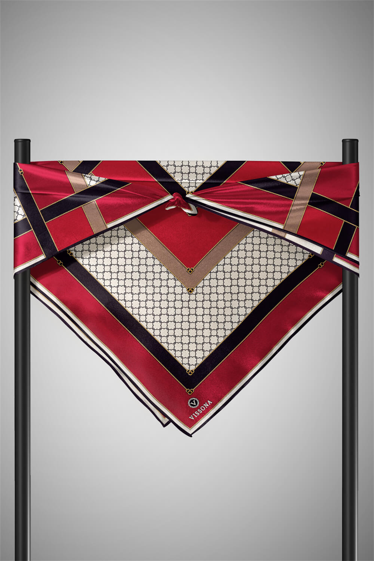 %100 Twill İpek Geometrik Desenli Bordo - Siyah Renkli 90x90 Eşarp Dikim Şekli : El Dikişi