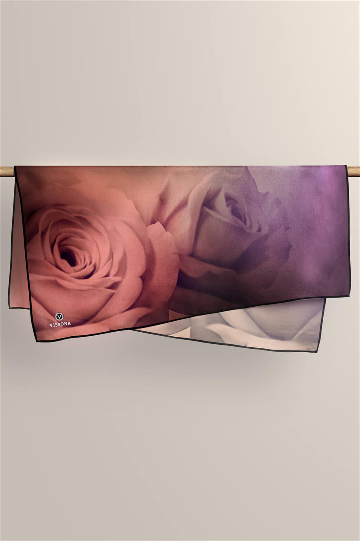 %100 Twill İpek Gül Desenli Lila - Somon Renkli 90x90 Eşarp Dikim Şekli : El Dikişi