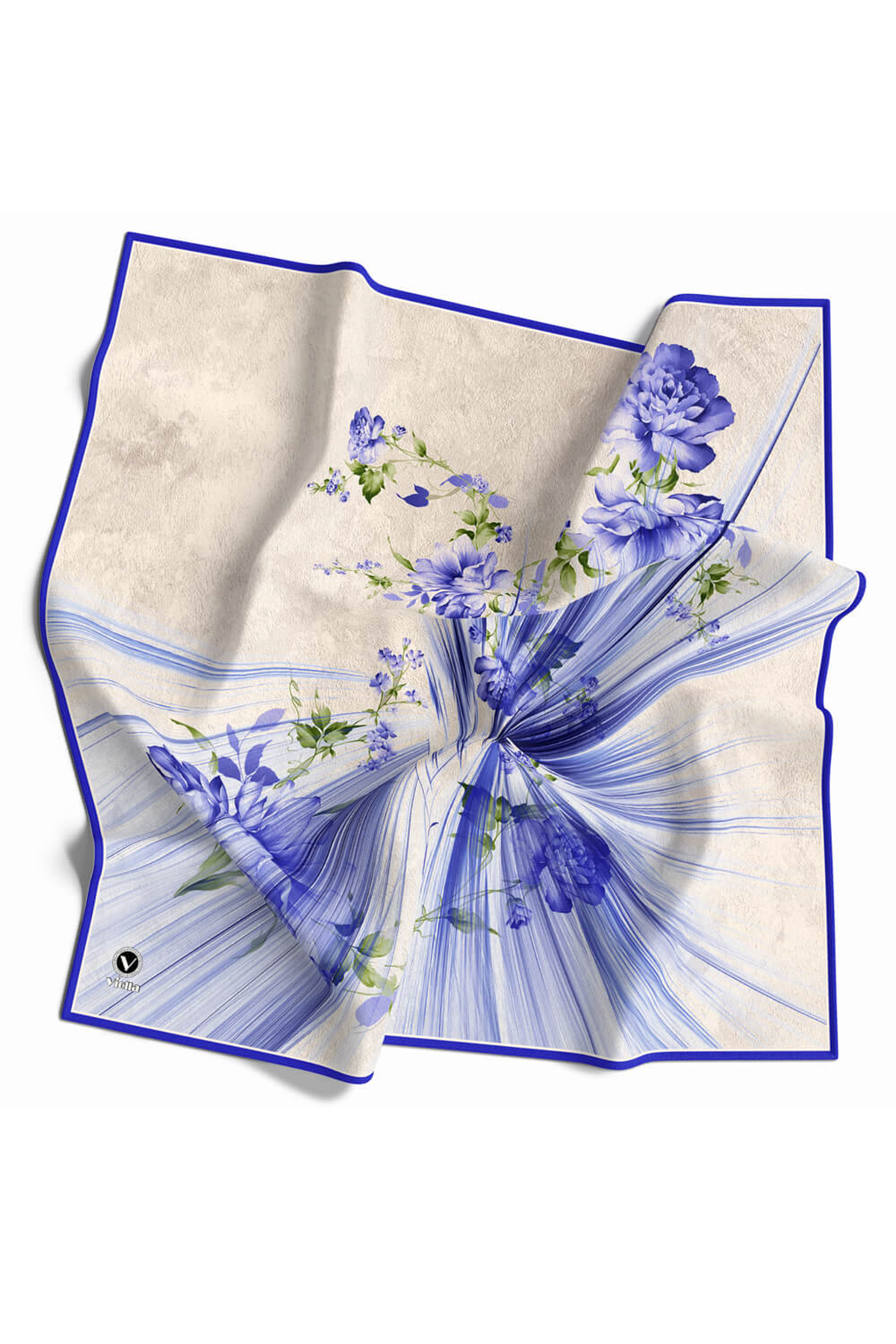 Twill Çiçekli Desenli Saks Renkli 90x90 Eşarp (İpek İçermez) Kenar Dikiş Şekli El Dikişli
