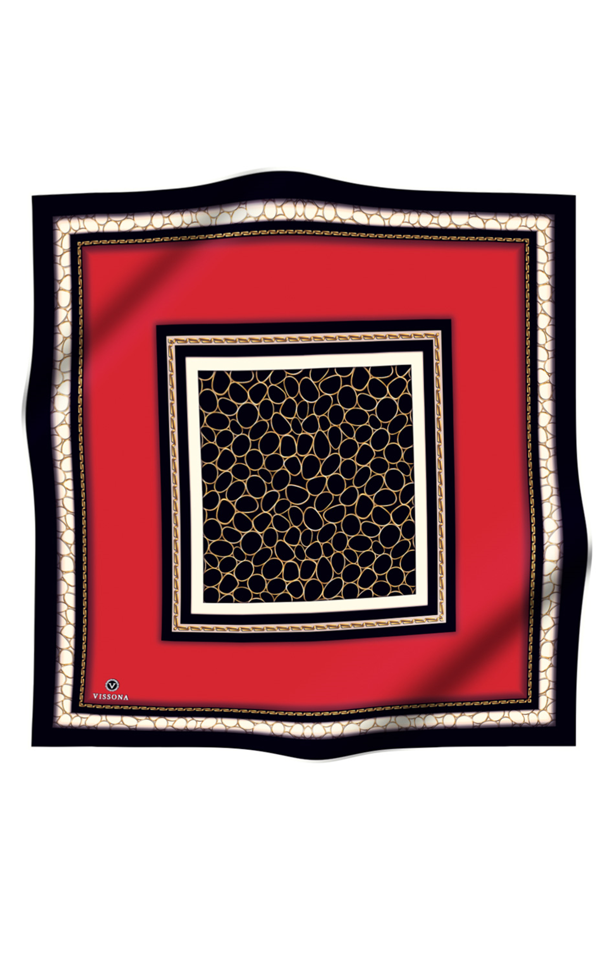 % 57 İPEK % 43 VİSKON Twill İpek Gold Halka Desenli Kırmızı - Siyah Renkli 90x90 Eşarp Dikim Şekli : El Dikişi