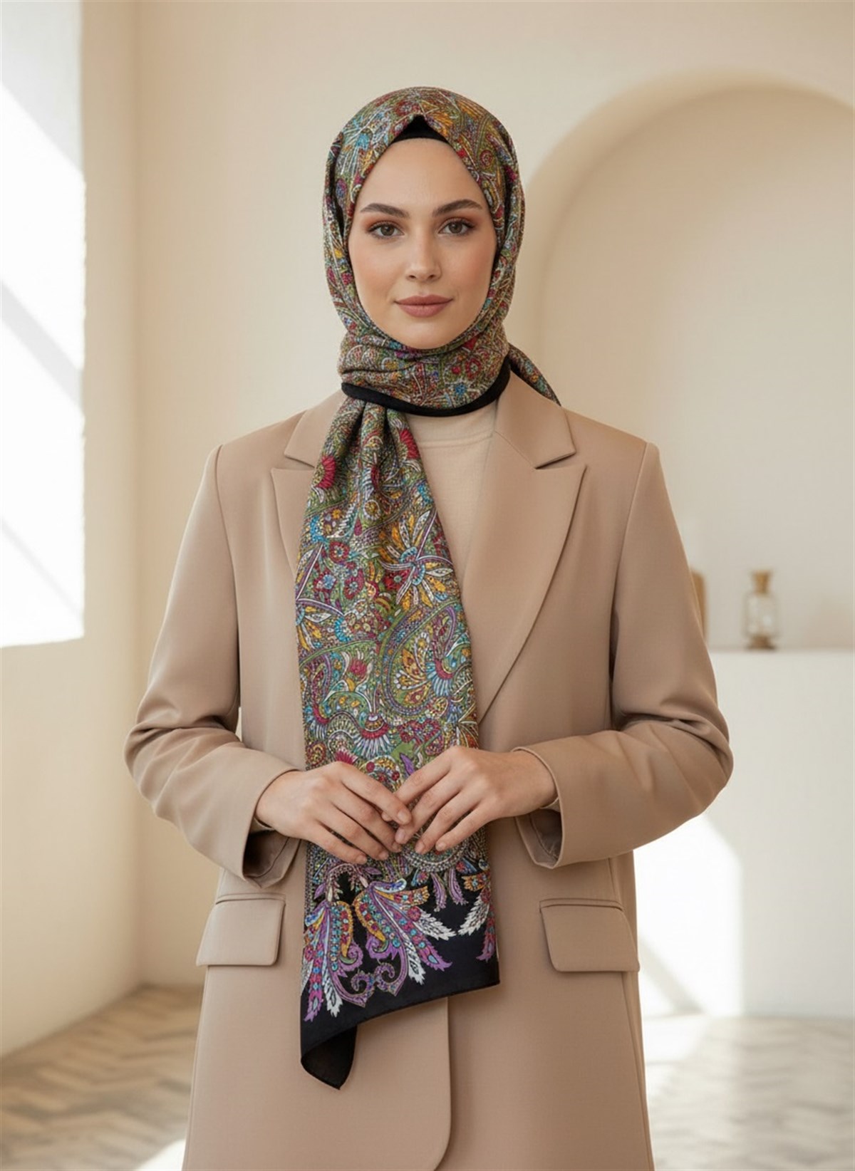 100% İpek Etro Desenli Siyah - Mürdüm Renkli 92x210 Şal