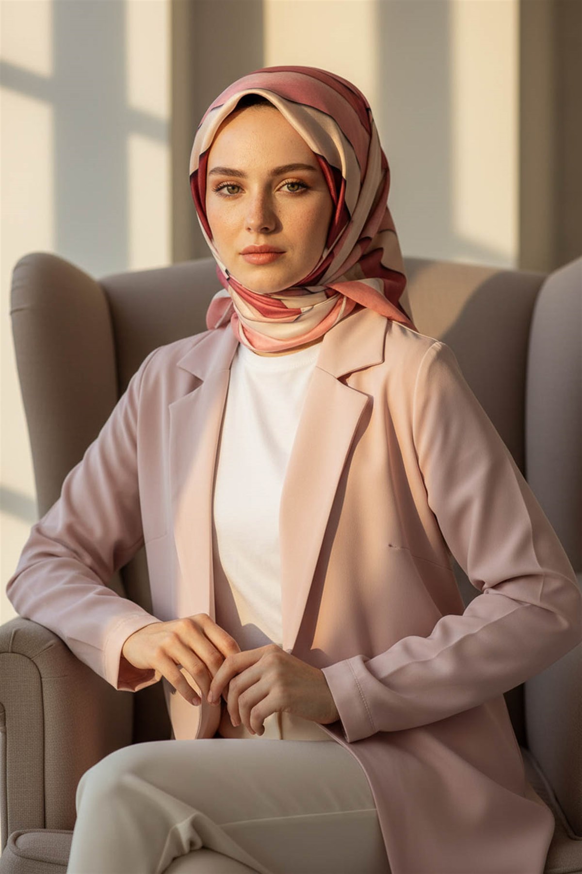 % 57 İPEK % 43 VİSKON Twill Geometrik Bulut  Desenli Pudra Gül Kurusu  Renkli 90x90 Eşarp Dikim Şekli: El Dikişi