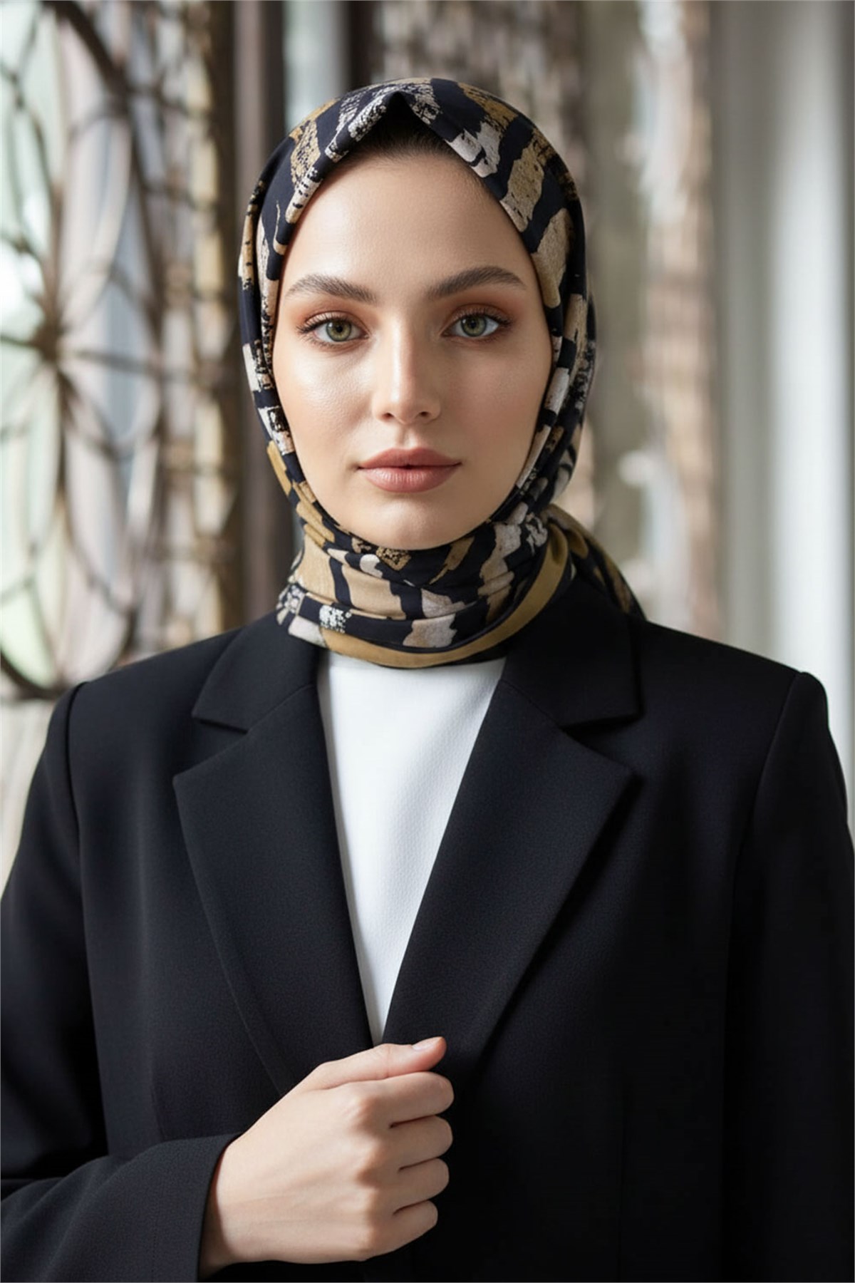KREP ZEBRA DESENLİ GOLD - SİYAH RENKLİ 75X195 KIRIŞMAZ ŞAL