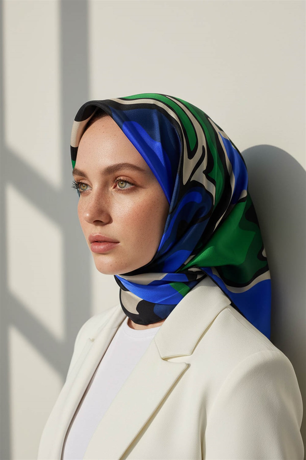 100% Twill İpek Dalga Desenli Saks - Zümrüt Yeşili Renkli 90x90 Dikim Şekli : El Dikişi Eşarp