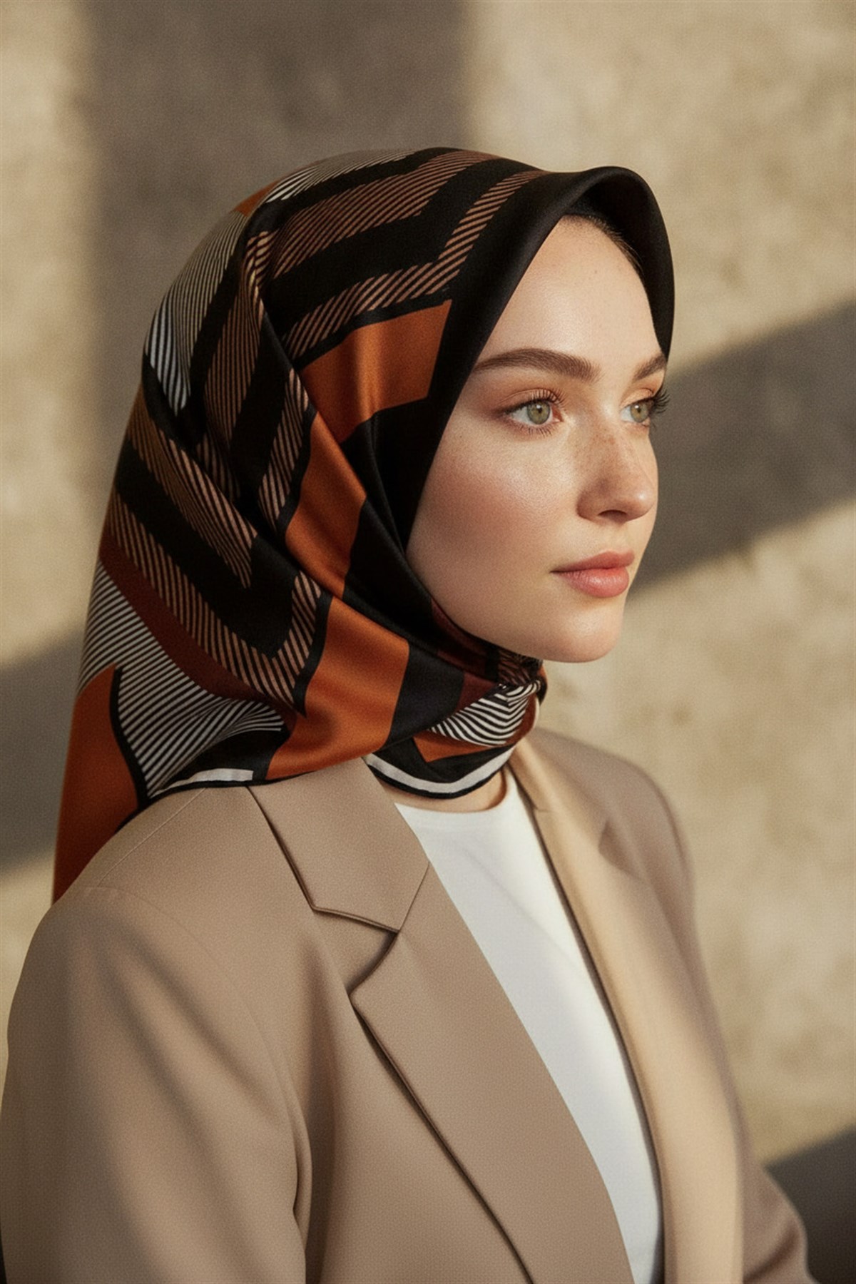% 57 İPEK % 43 VİSKON Twill İpek Geometrik Desenli Taba - Siyah Renkli 90x90 Eşarp Dikim Şekli : El Dikişi