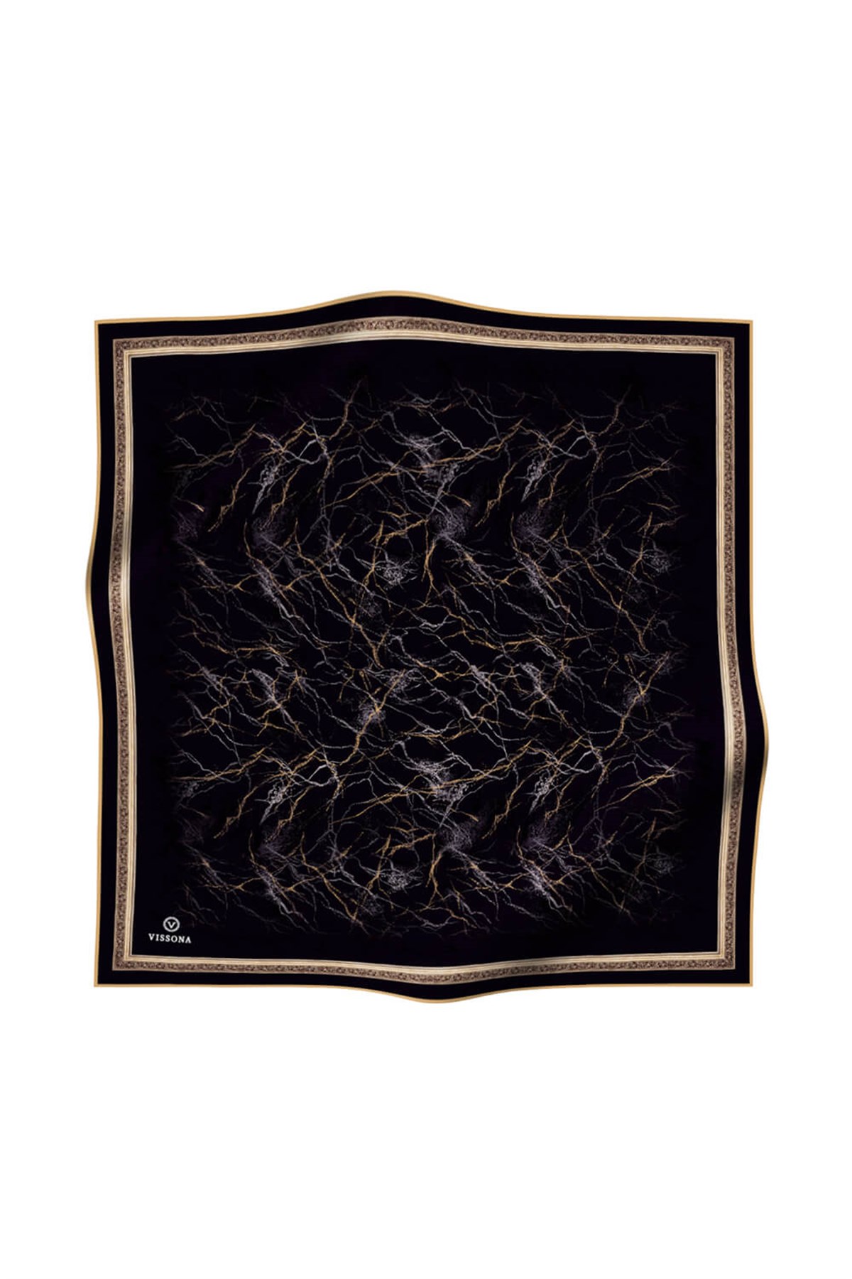 %100 Twill İpek Mermer Desenli Siyah Renkli 90x90 Eşarp Dikim Şekli : El Dikişi