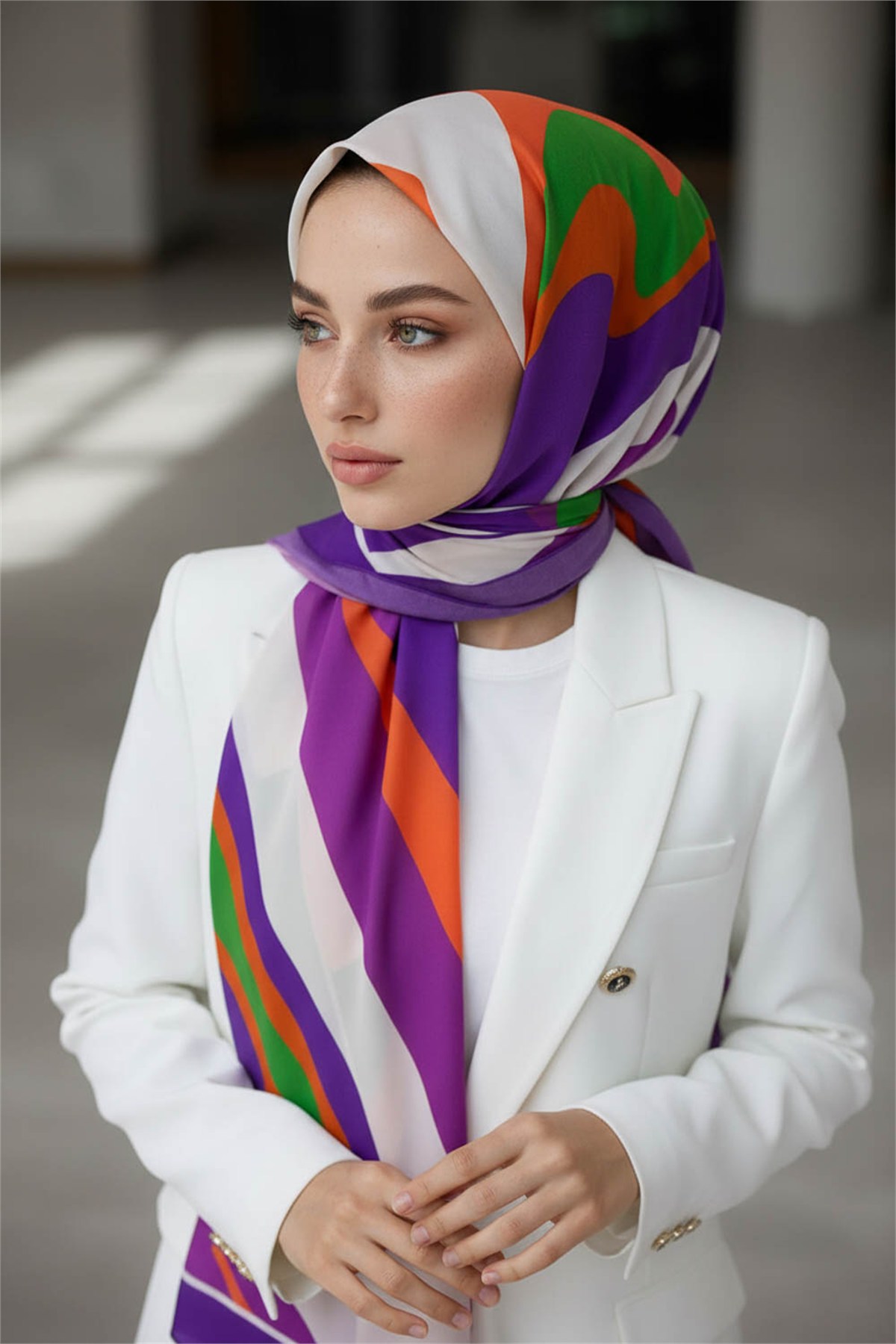 KREP GEOMETRİK DESENLİ SOMON RENKLİ 75X195 KIRIŞMAZ ŞAL