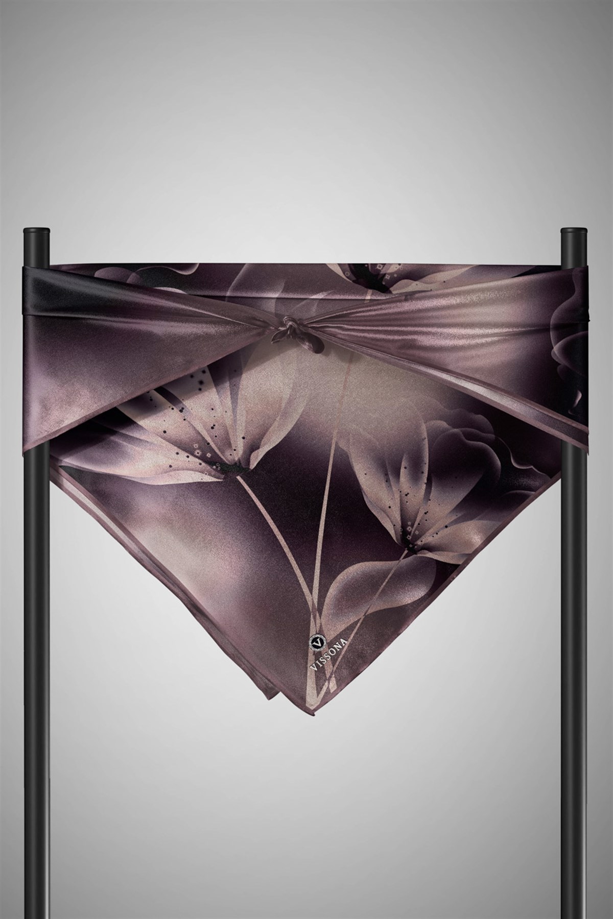 %100 Twill İpek Çiçek Desenli Vizon Renkli 90x90 Eşarp Dikim Şekli : El Dikişi