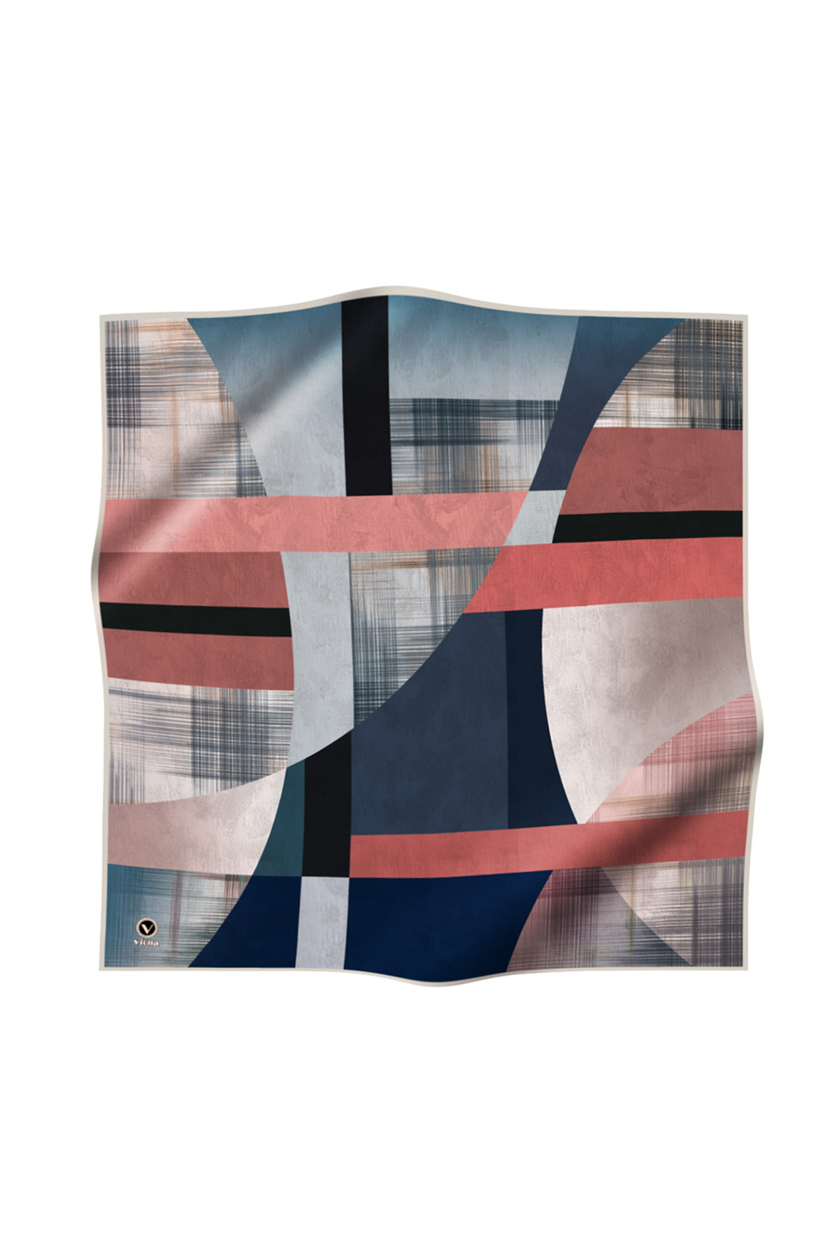 Twill Geometrik Desenli Pudra Renkli 90x90 Eşarp (İpek İçermez) Kenar Dikiş Şekli El Dikişli