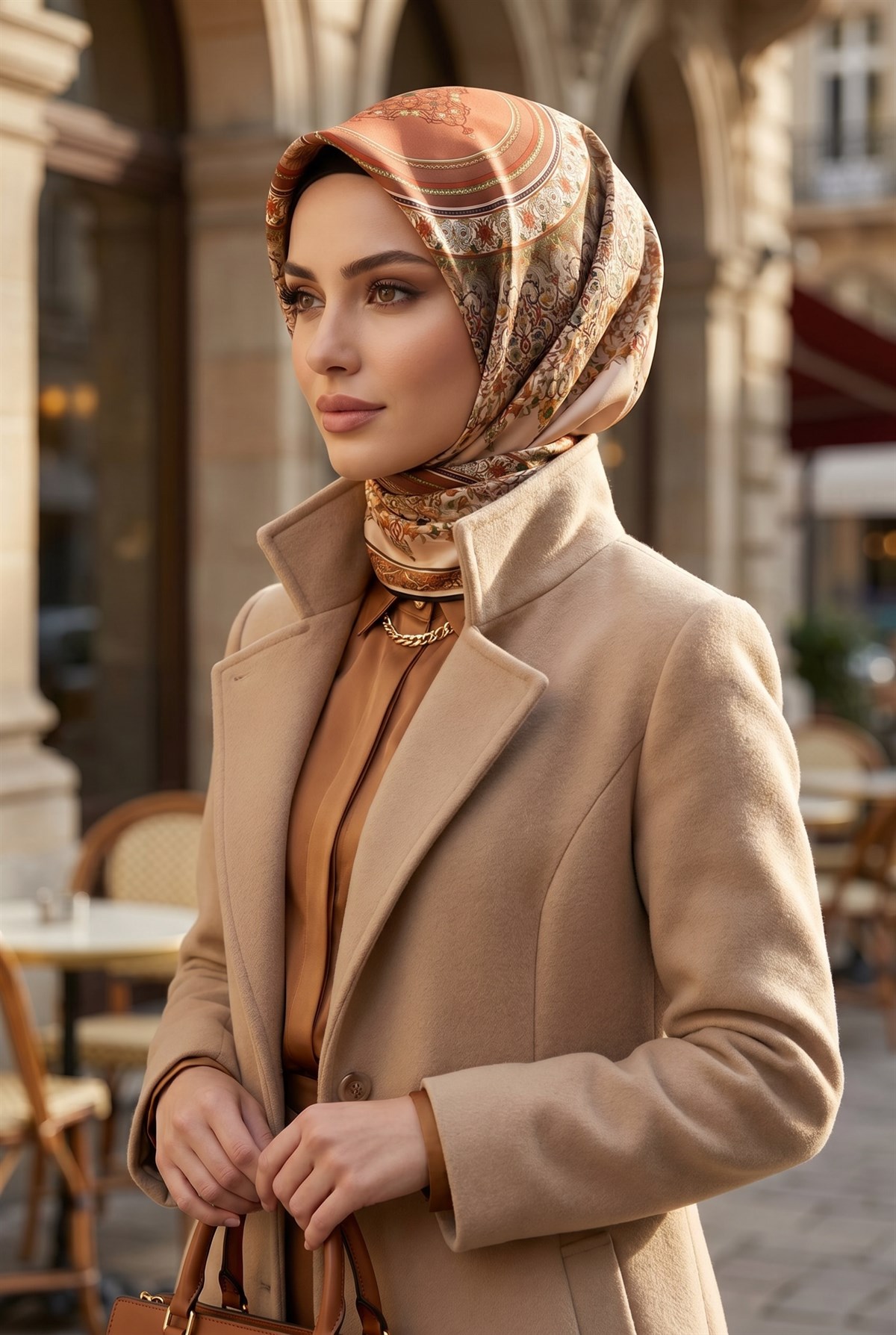 %100 Twill İpek Şal Desenli Bakır Renkli 90x90 Eşarp Dikim Şekli : El Dikişi