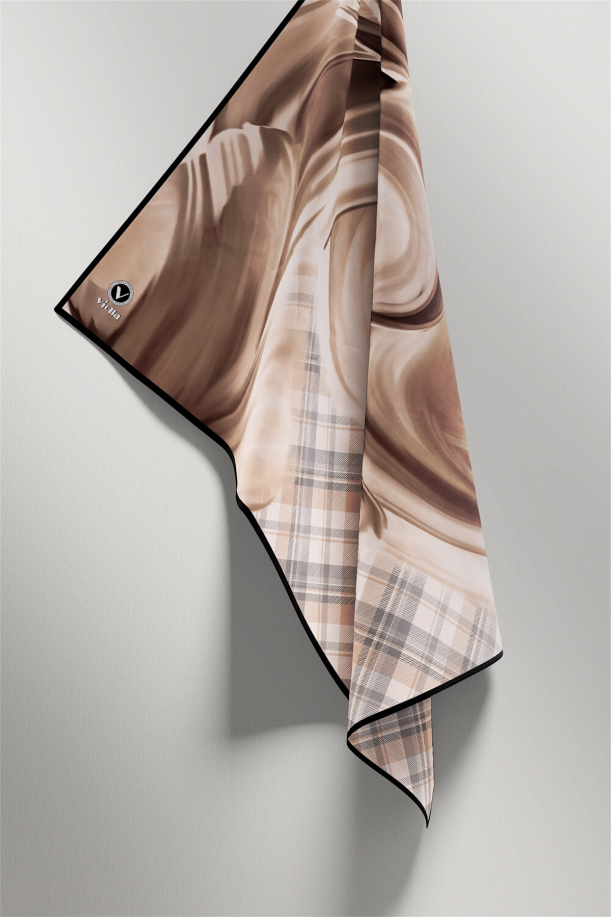 Twill Dalga ve Ekose Desenli Bej Renkli 90x90 Eşarp (İpek İçermez)Kenar Dikiş Şekli El Dikişli