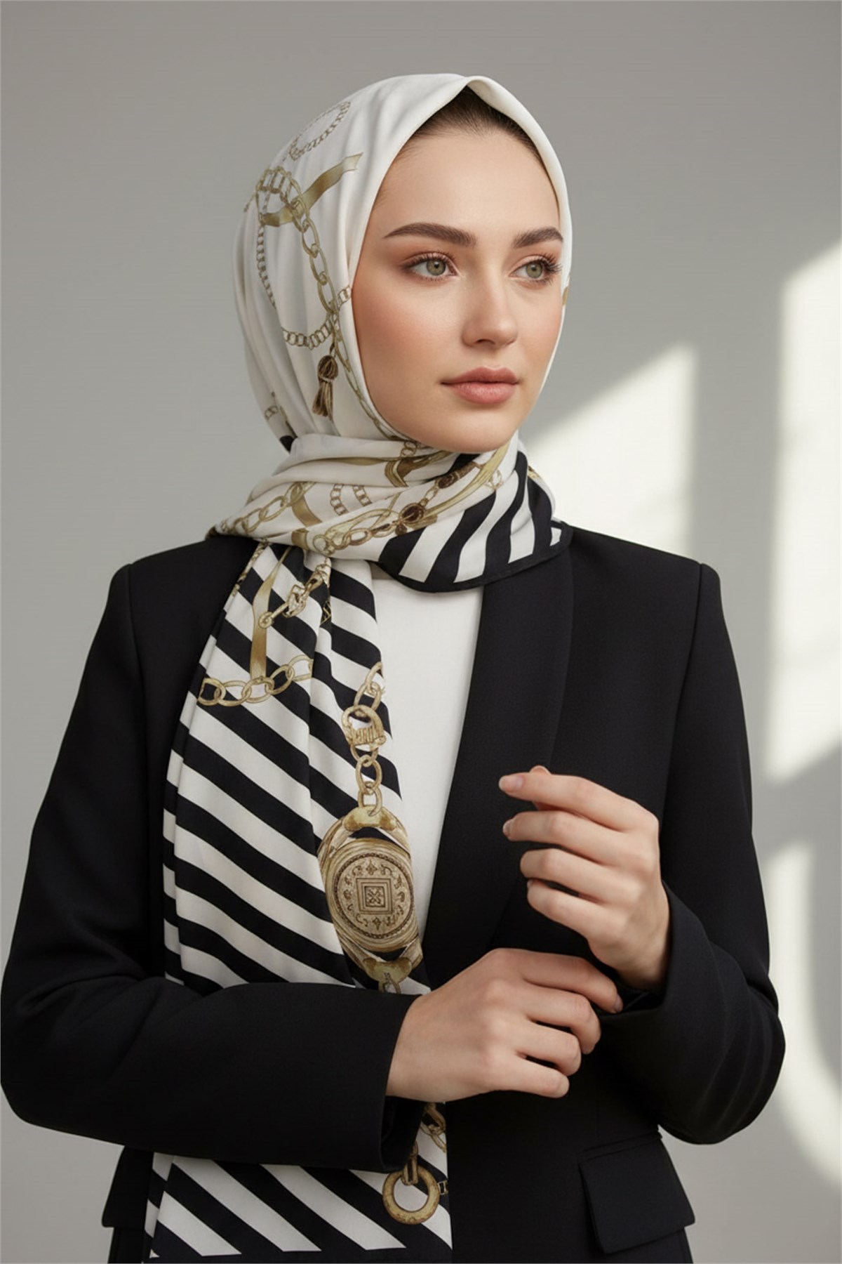 KREP ÇİZGİLİ DESENLİ TAŞ - KREM RENKLİ 75X195 KIRIŞMAZ ŞAL