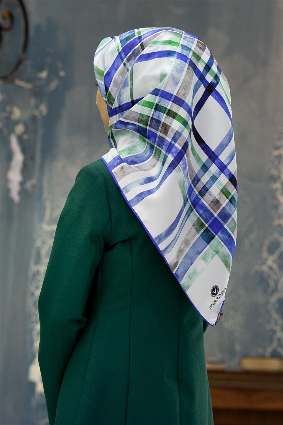 %100 Twill İpek Ekose Desenli Saks - Zümrüt Yeşili Renkli 90x90 Eşarp Kenar Dikiş Şekli El Dikişli