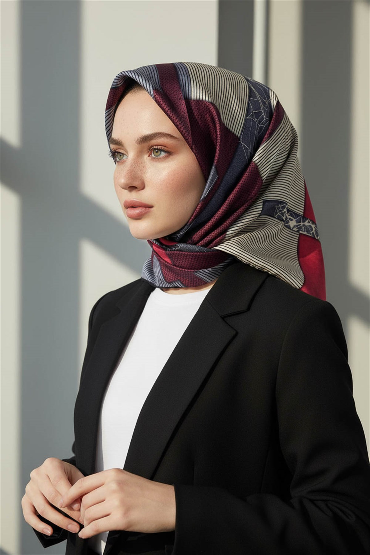 %100 Twill İpek Geometrik Desenli Siyah - Kırmızı Renkli 90x90 Eşarp Dikim Şekli : El Dikişi