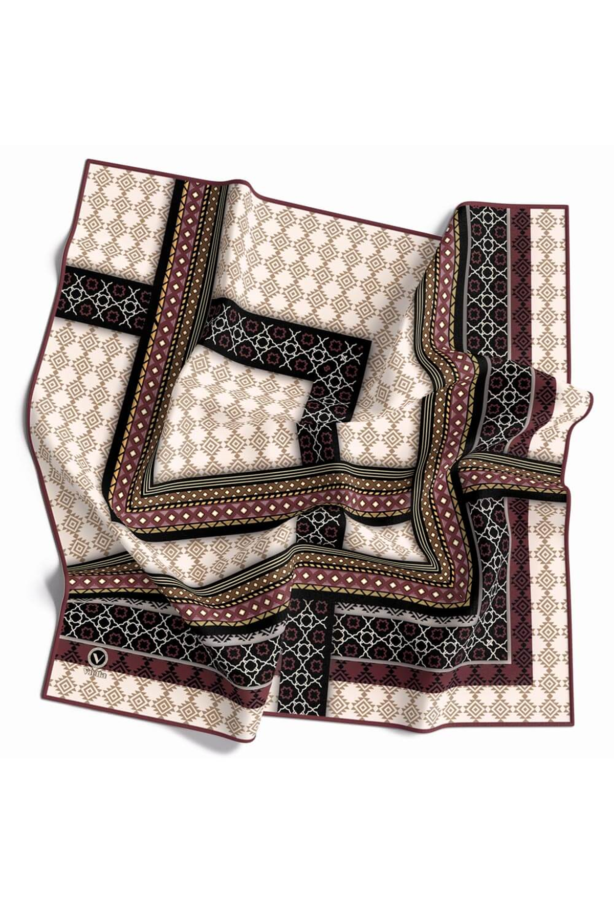 Twill Etnik Desenli Gül Kurusu Renkli 90x90 Eşarp (İpek İçermez) Kenar Dikiş Şekli El Dikişli