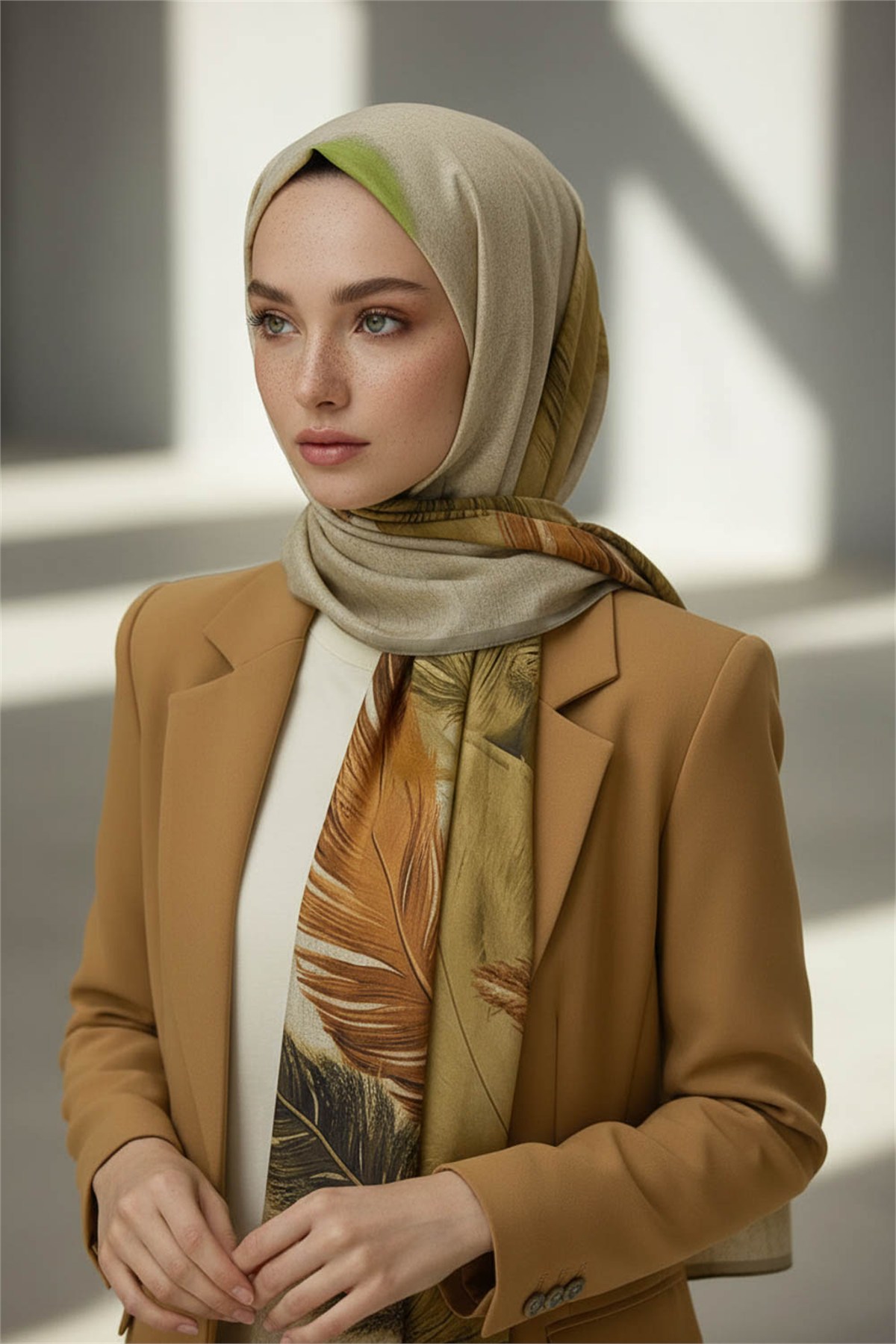 KREP YAPRAK DESENLİ BEJ RENKLİ 75X195 KIRIŞMAZ ŞAL