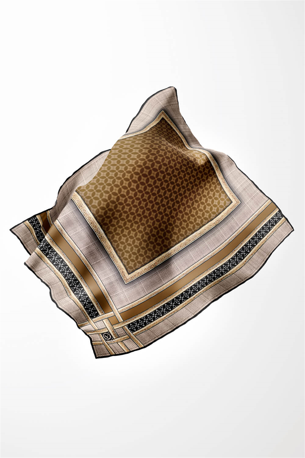 Twill Gold Bordürlü Geometrik Desenli Hardal Renkli 90x90 Eşarp (İpek İçermez) Kenar Dikiş Şekli El Dikişli