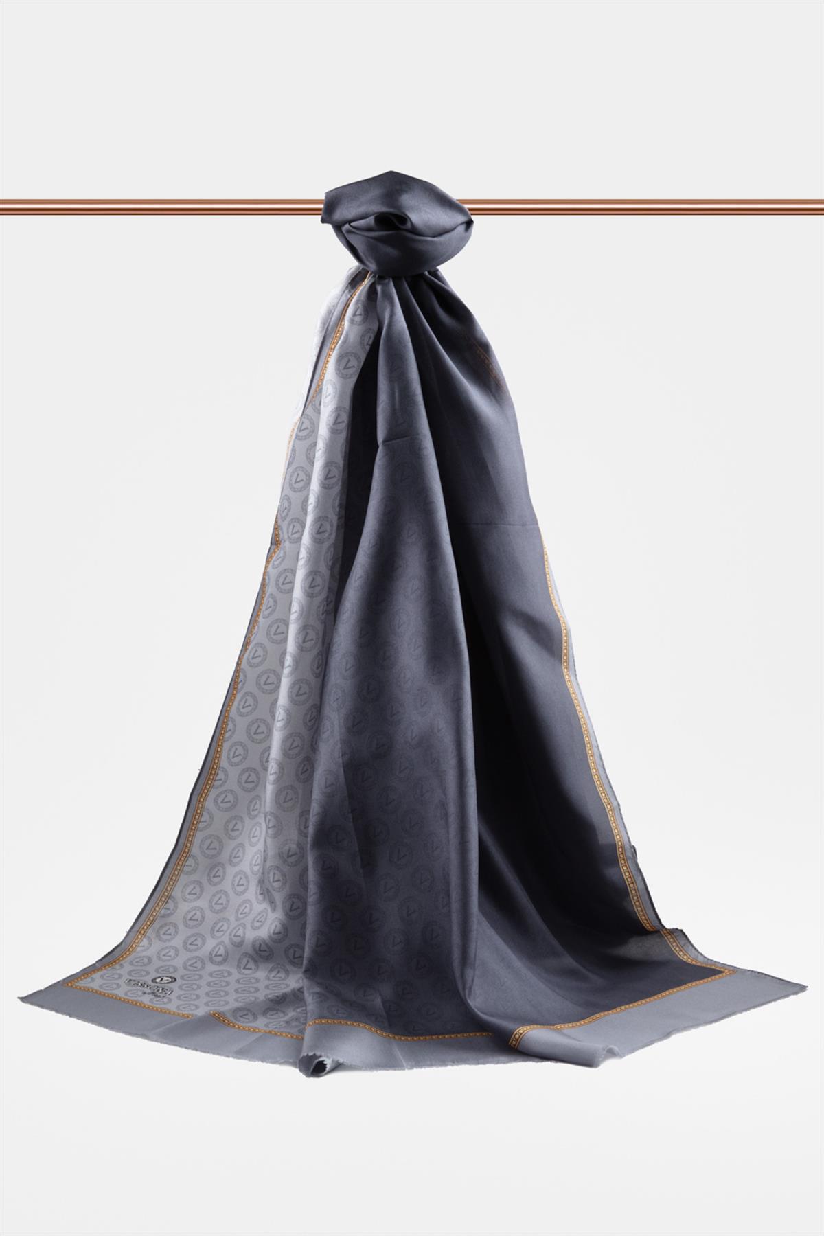 %100 İpek Degradeli Ve Monogram Desenli Gri - Gold Renkli 92x210 Şal