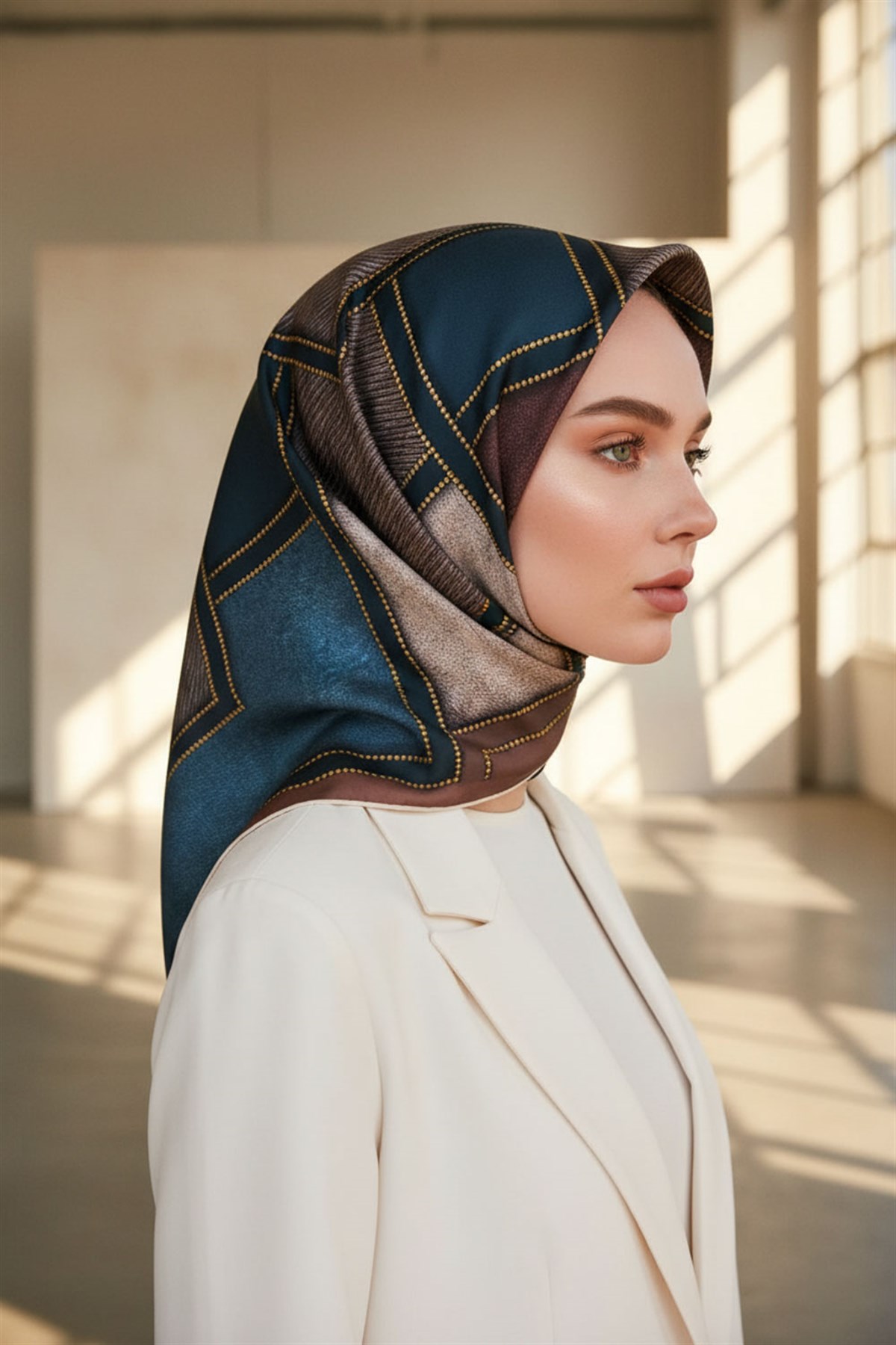 100% Twill İpek Gold Detaylı Kare Desenli Gül Kurusu - Petrol Yeşili Renkli 90x90 Dikim Şekli : El Dikişi