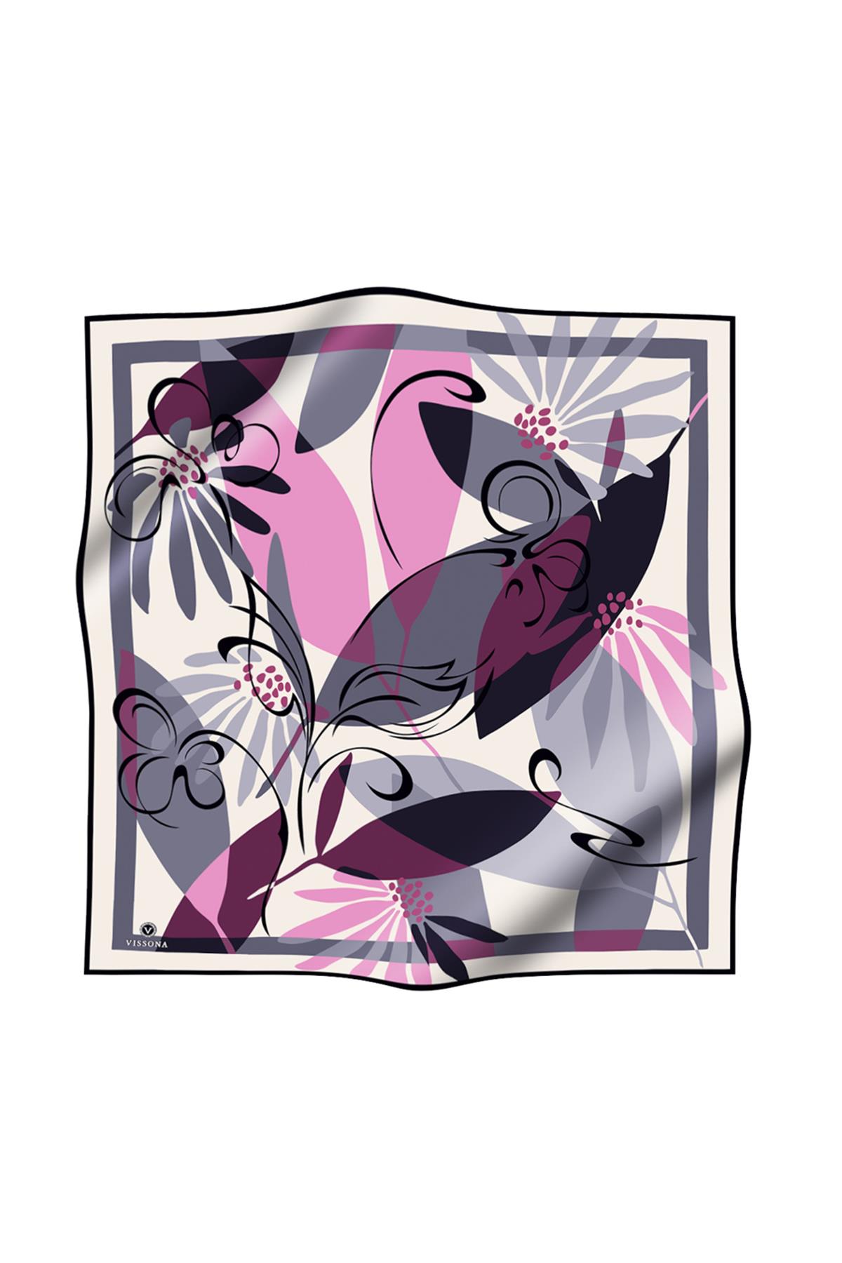 %100 Twill İpek Çiçek Desenli Gri - Siyah Renkli 90x90 Eşarp Dikim Şekli : El Dikişi