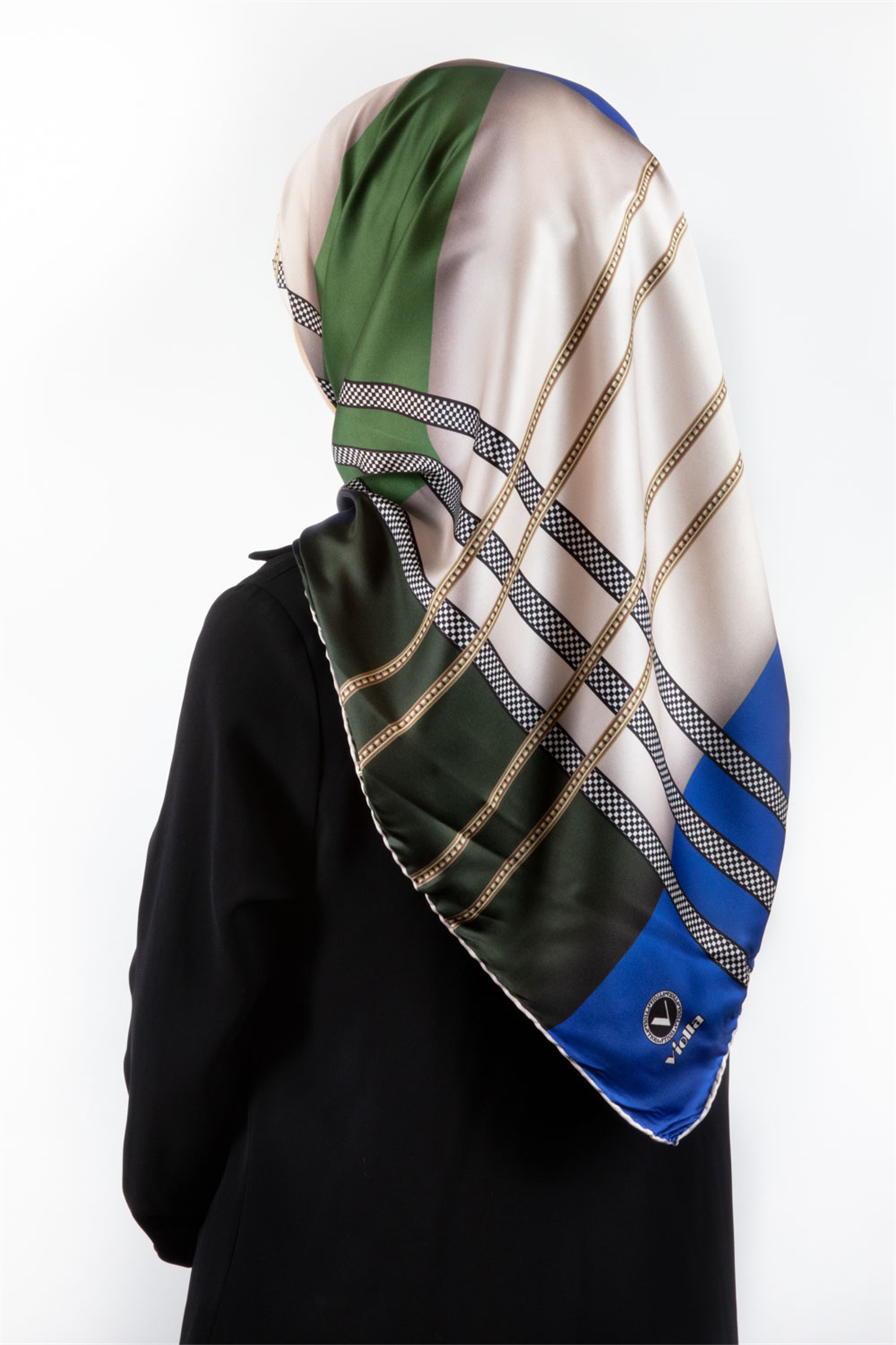 Twill Geometrik Desenli Zümrüt Yeşili - Saks Renkli 90x90 Eşarp (İpek İçermez) Kenar Dikiş Şekli El Dikişli
