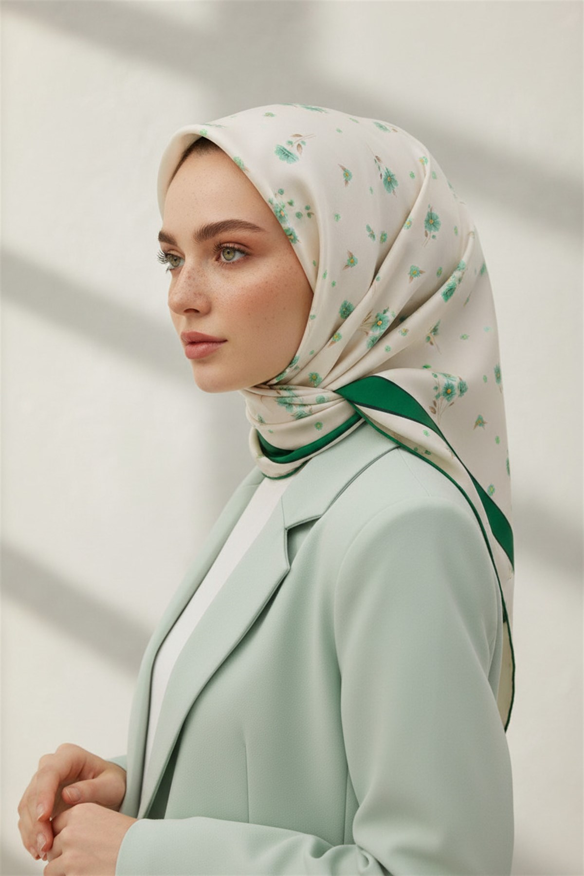 100% Twill İpek Bordürlü Çıtır Çiçek Desenli Zümrüt Yeşili Renkli 90x90 Dikim Şekli : El Dikişi Eşarp