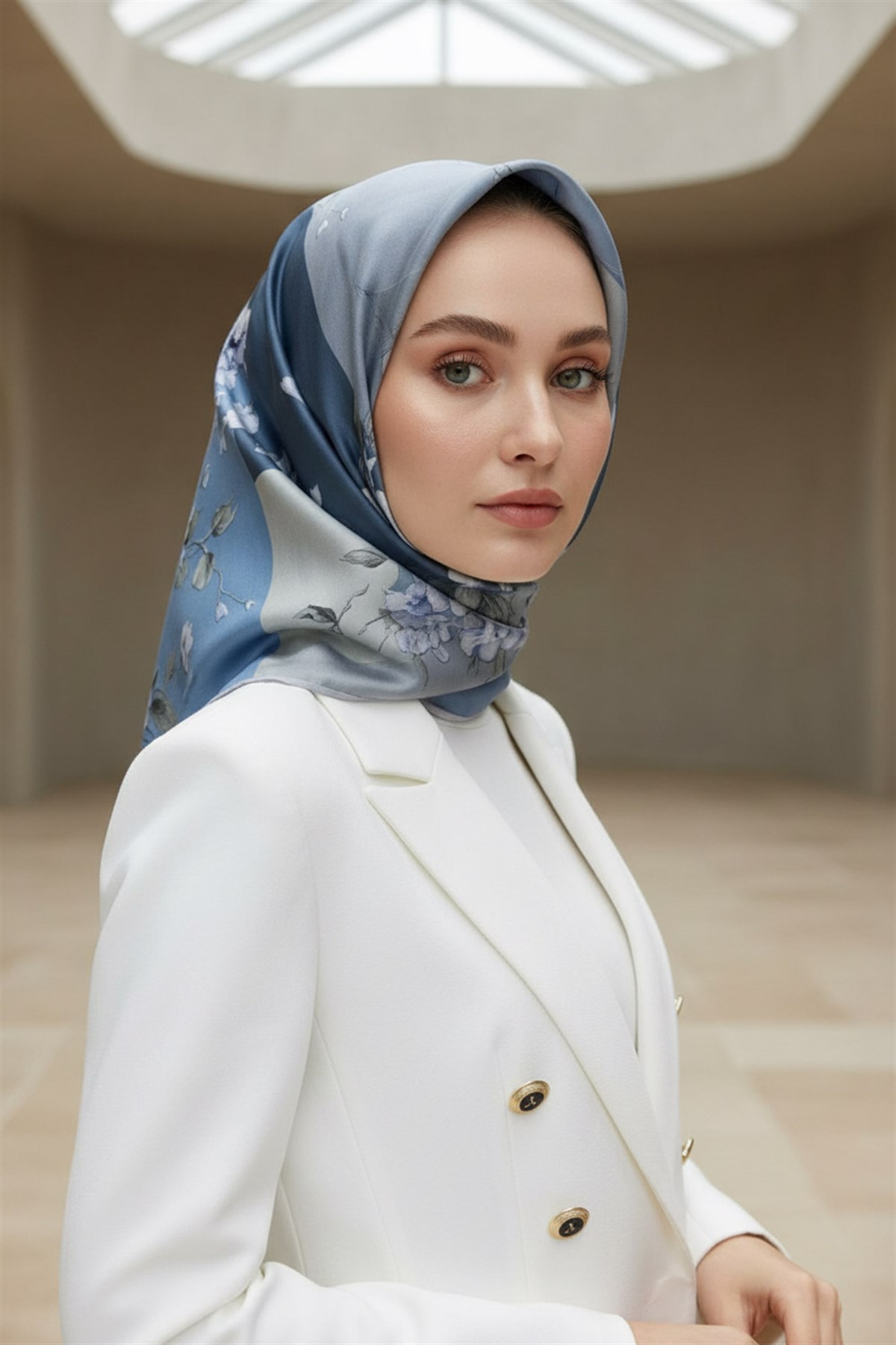 %100 Twill İpek Geometrik Ve Çiçek Desenli Bebe Mavisi Renkli 90x90 Eşarp Dikim Şekli : El Dikişi