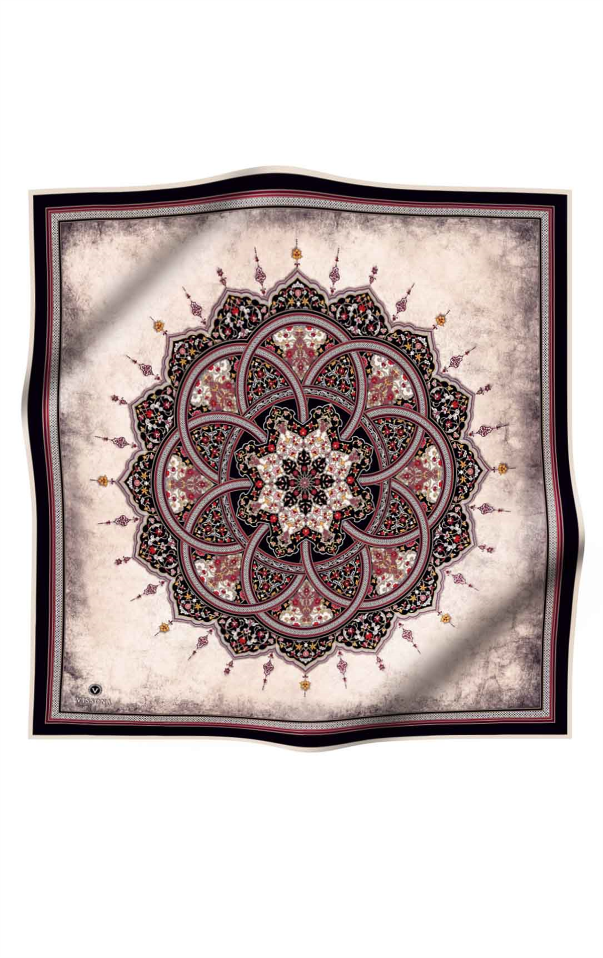 % 57 İPEK % 43 VİSKON Twill İpek Şal Desenli Siyah - Bordo Renkli 90x90 Eşarp Dikim Şekli : El Dikişi