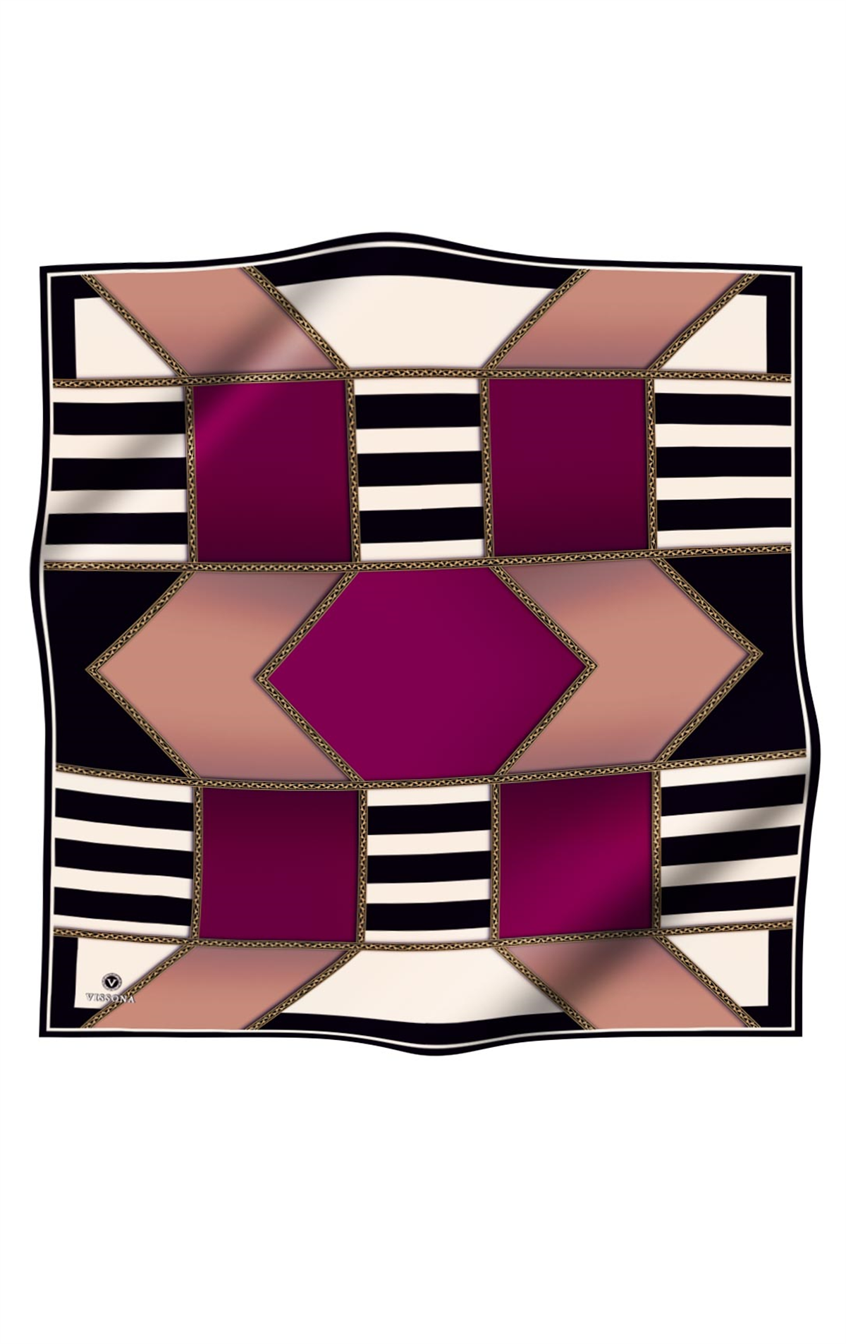 %100 Twill İpek Geometrik Desenli Mürdüm - Somon Renkli 90x90 Eşarp Dikim Şekli : El Dikişi