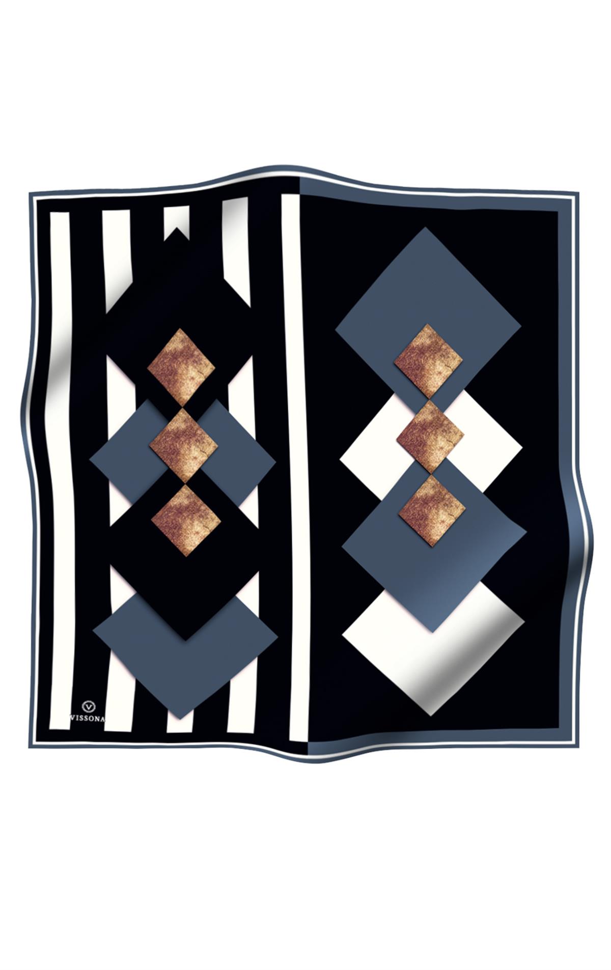 %100 Twill İpek Karo Desenli İndigo - Siyah Renkli 90x90 Eşarp Dikim Şekli : El Dikişi