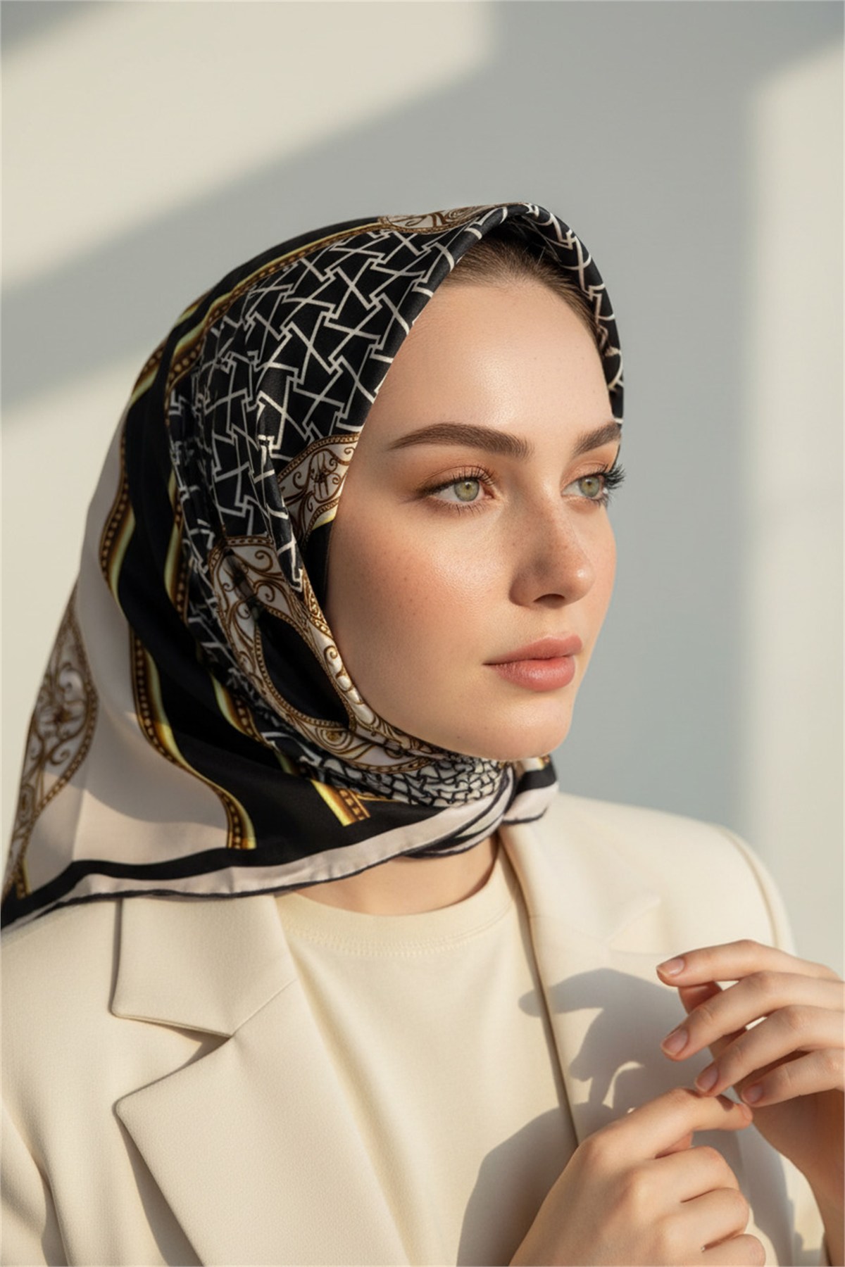 Kristal Çiçek Desenli Haki Renkli 90x90 Eşarp (İpek İçermez) Kenar Dikiş Şekli El Dikişli