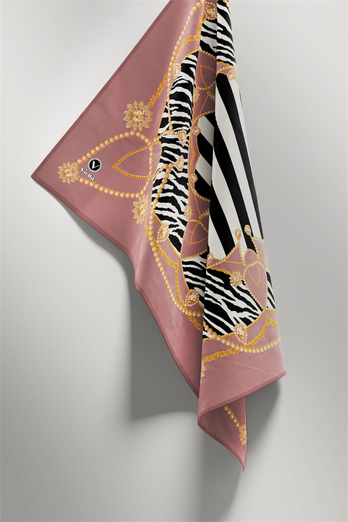 Twill Gold Detaylı Zebra Desenli Gül Kurusu Renkli 90x90 Eşarp (İpek İçermez) Kenar Dikiş Şekli El Dikişli