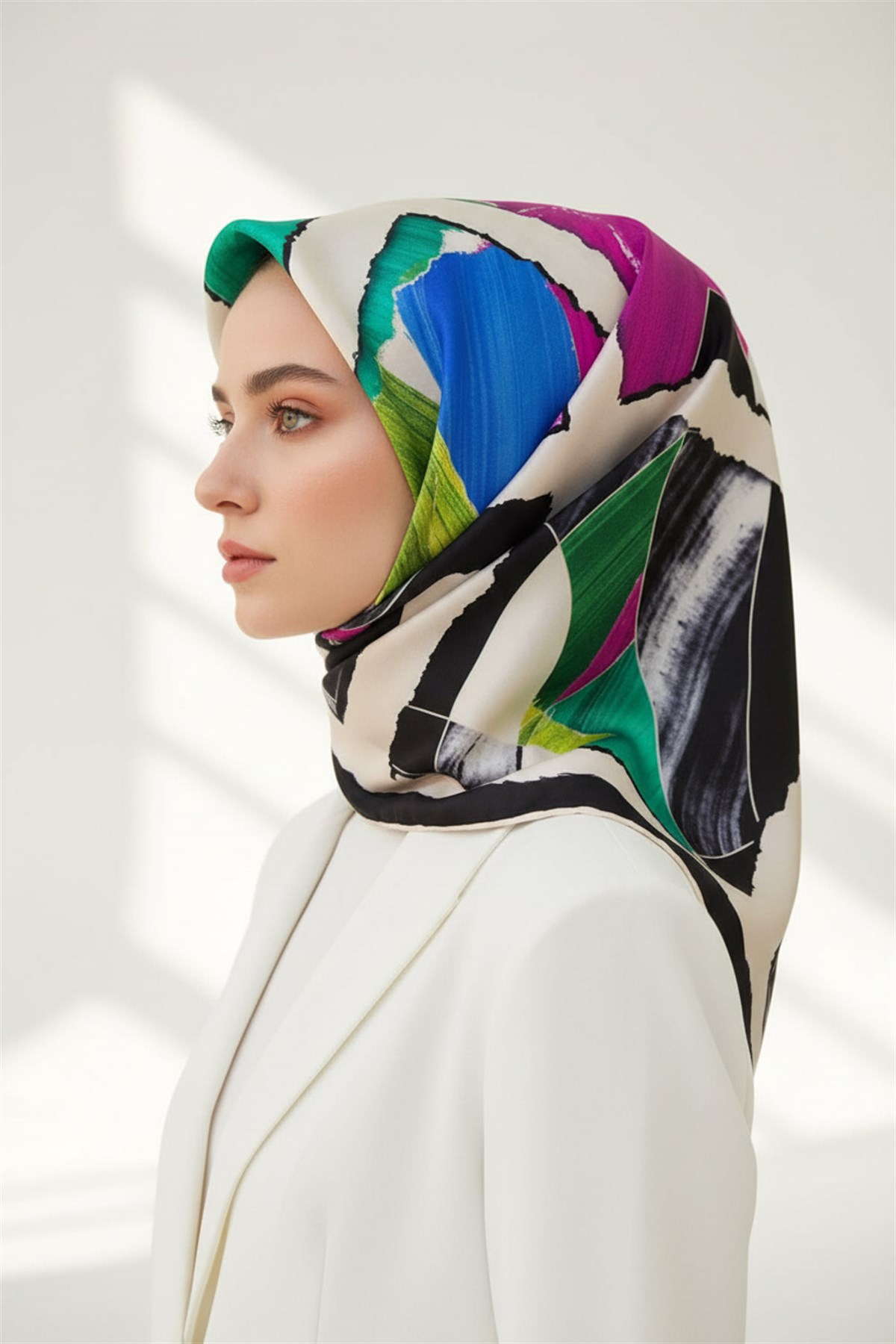 %100 Twill İpek Geometrik Desenli Fuşya - Saks Renkli 90x90 Eşarp Dikim Şekli : El Dikişi