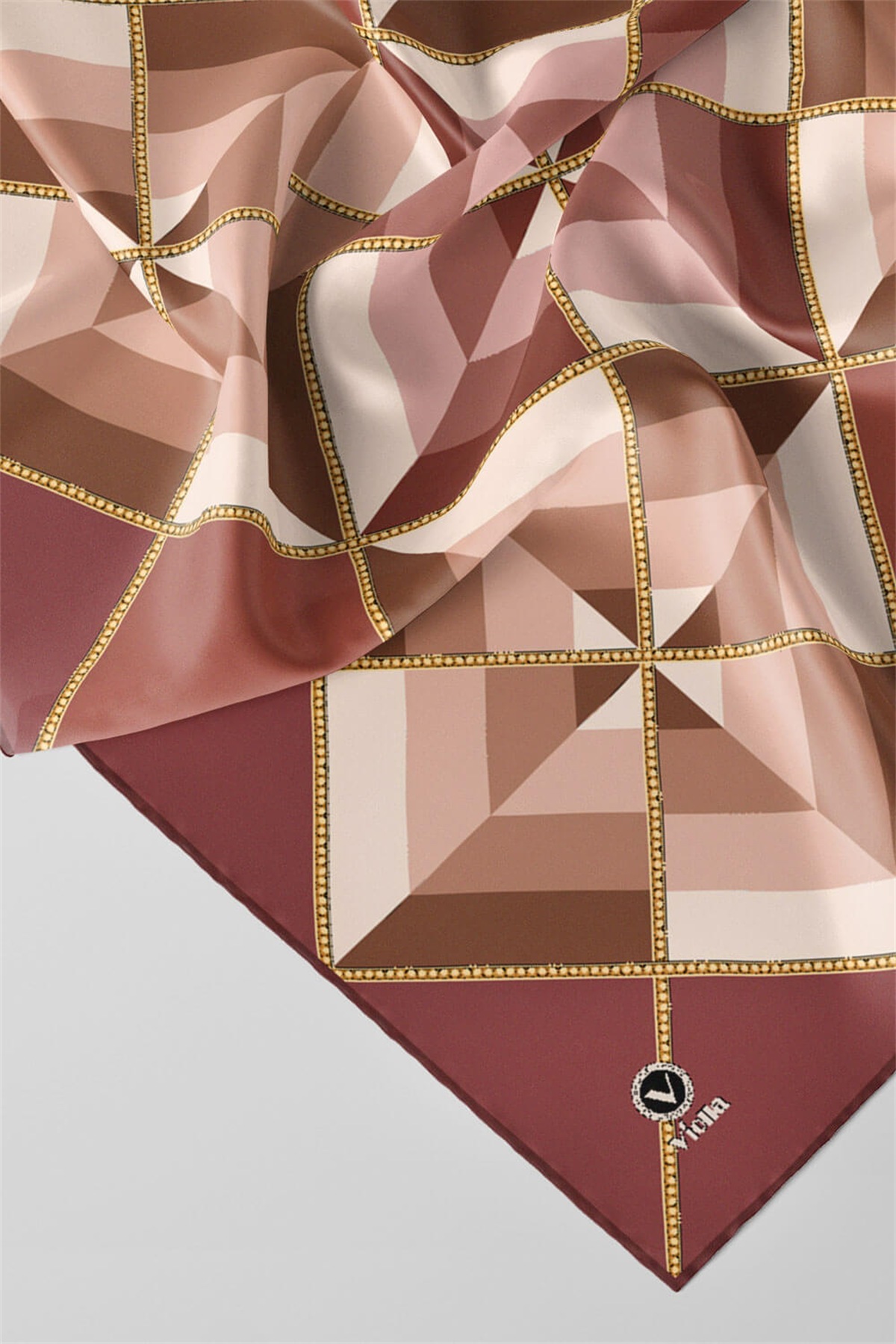 Twill Geometrik Desenli Gül Kurusu Renkli 90x90 Eşarp (İpek İçermez) Kenar Dikiş Şekli El Dikişli