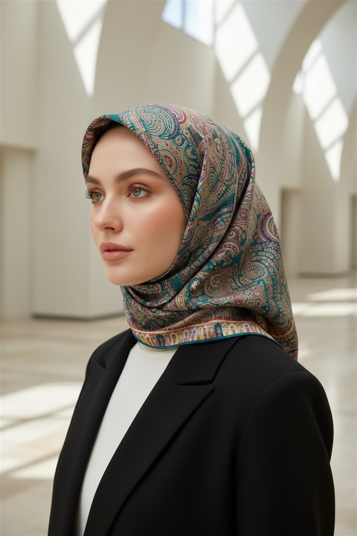 %100 Twill İpek Etro Desenli Petrol Mavisi Renkli 90x90 Eşarp Dikim Şekli : El Dikişi