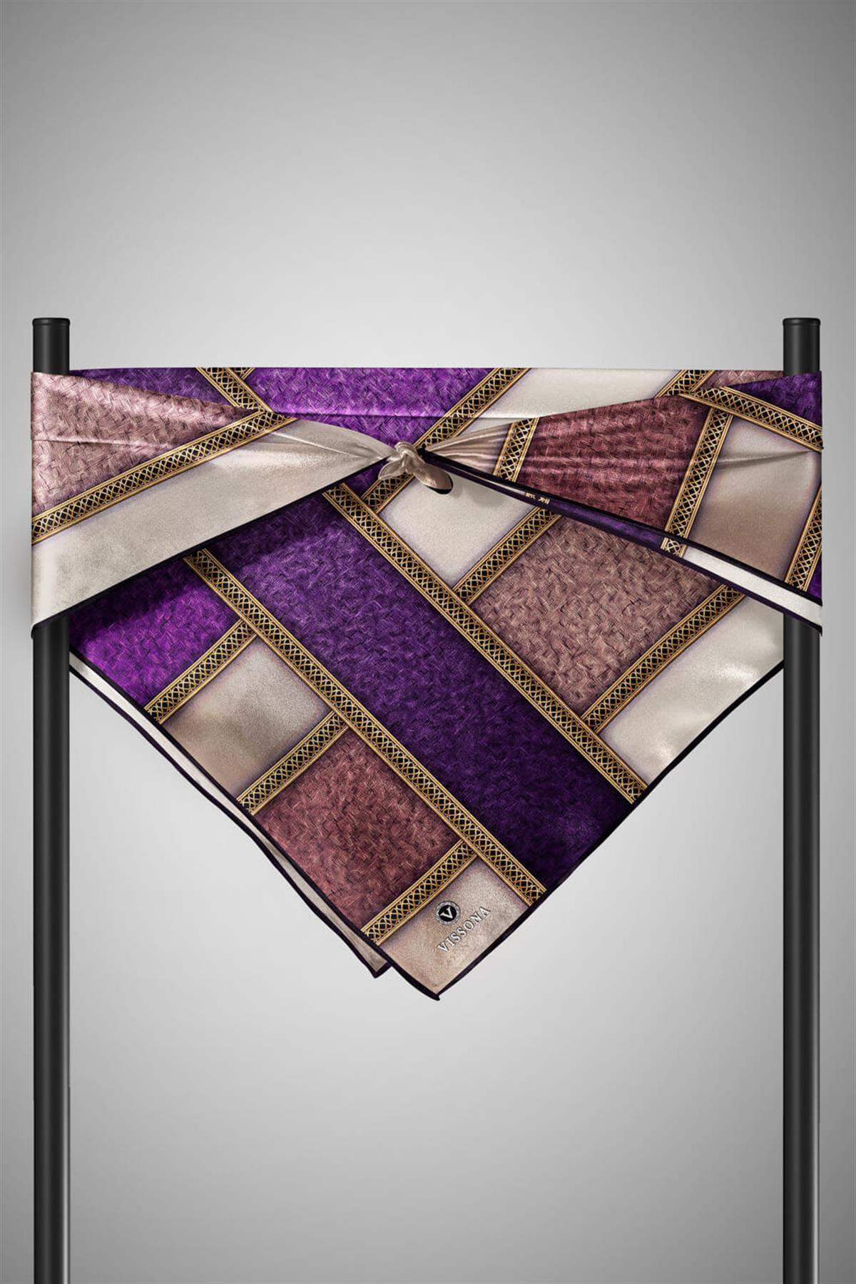 %100 Twill İpek Dokulu Ve Şerit Desenli Mor - Somon Renkli 90x90 Eşarp Dikim Şekli : El Dikişi