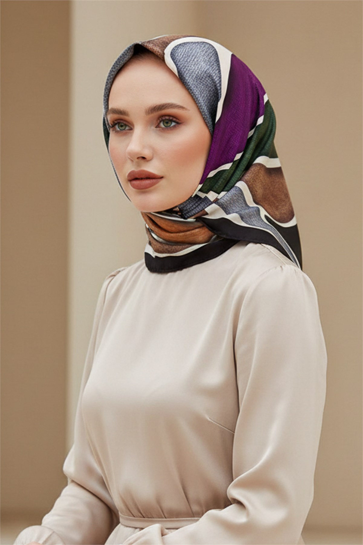 %100 Twill İpek Eşarp 90x90 Soyut Dalga Desenli El Dikişli Kadın Eşarp