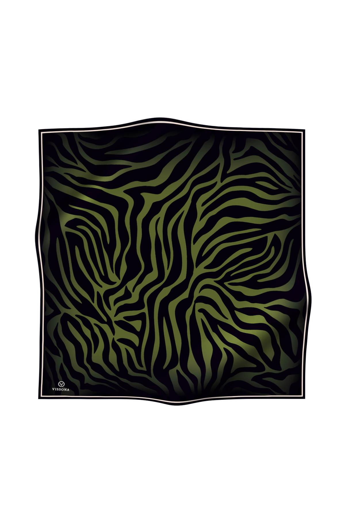 %100 Twill İpek Zebra Desenli Haki - Siyah Renkli 90x90 Eşarp Dikim Şekli : El Dikişi