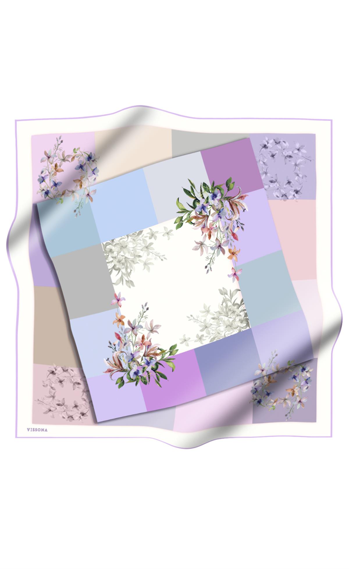 %100 Twill İpek Kareli Ve Çıtır Çiçek Desenli Lila - Bej Renkli 90x90 Eşarp Dikim Şekli : El Dikişi