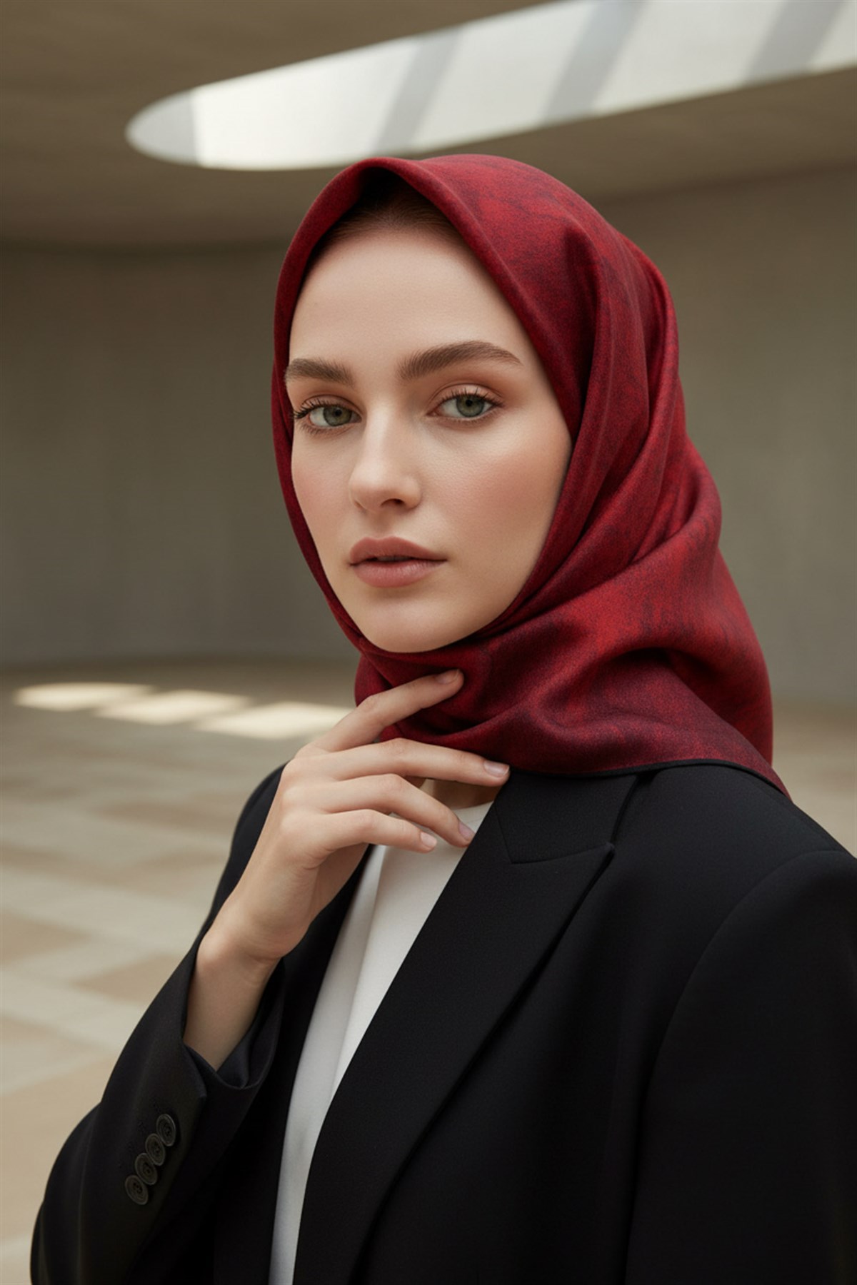 %100 Twill İpek Doku Desenli Kırmızı Renkli 90x90 Eşarp Dikim Şekli : El Dikişi