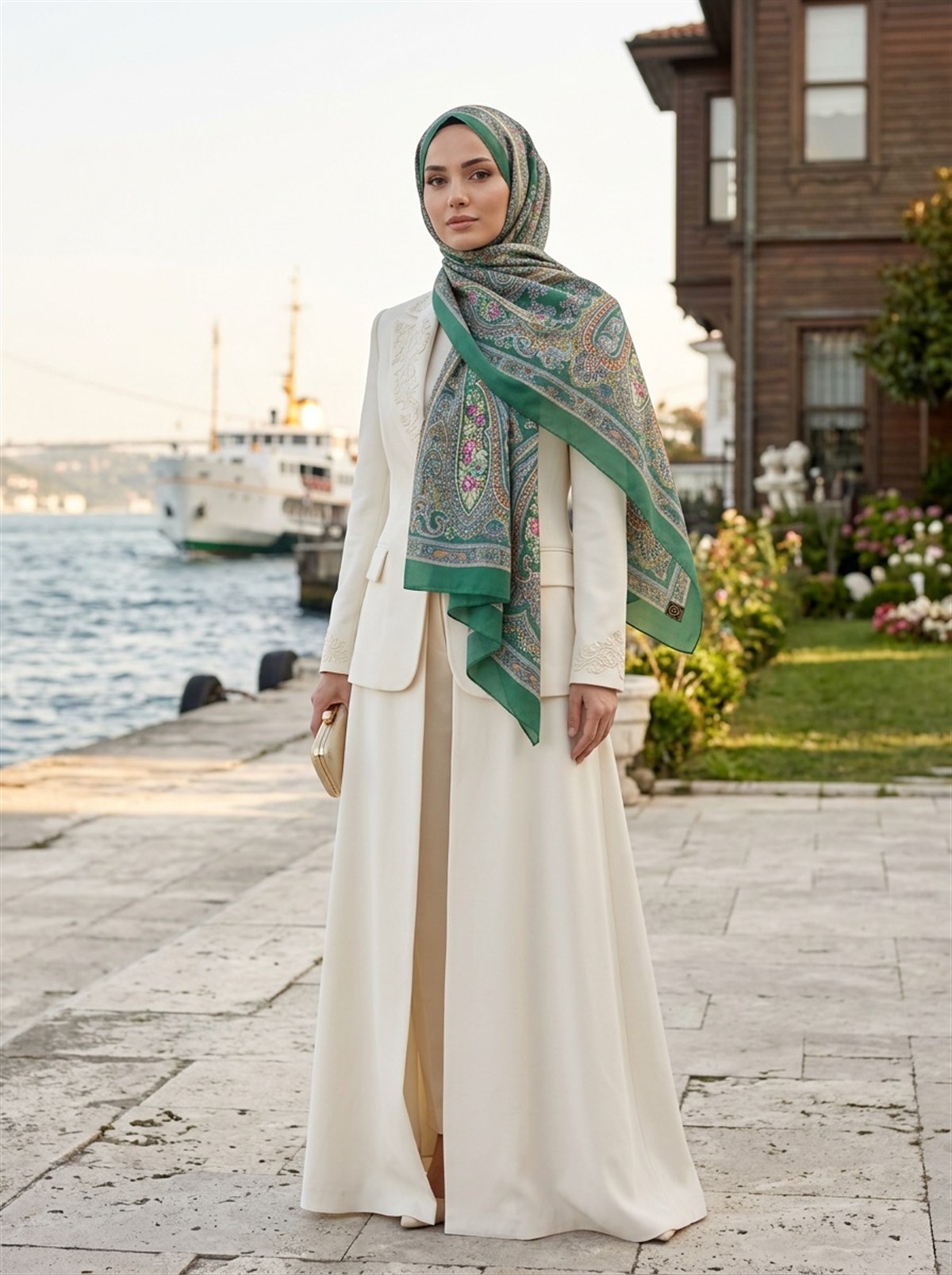 %100 İpek Etro Desenli Petrol Yeşili Renkli 92x210 Şal