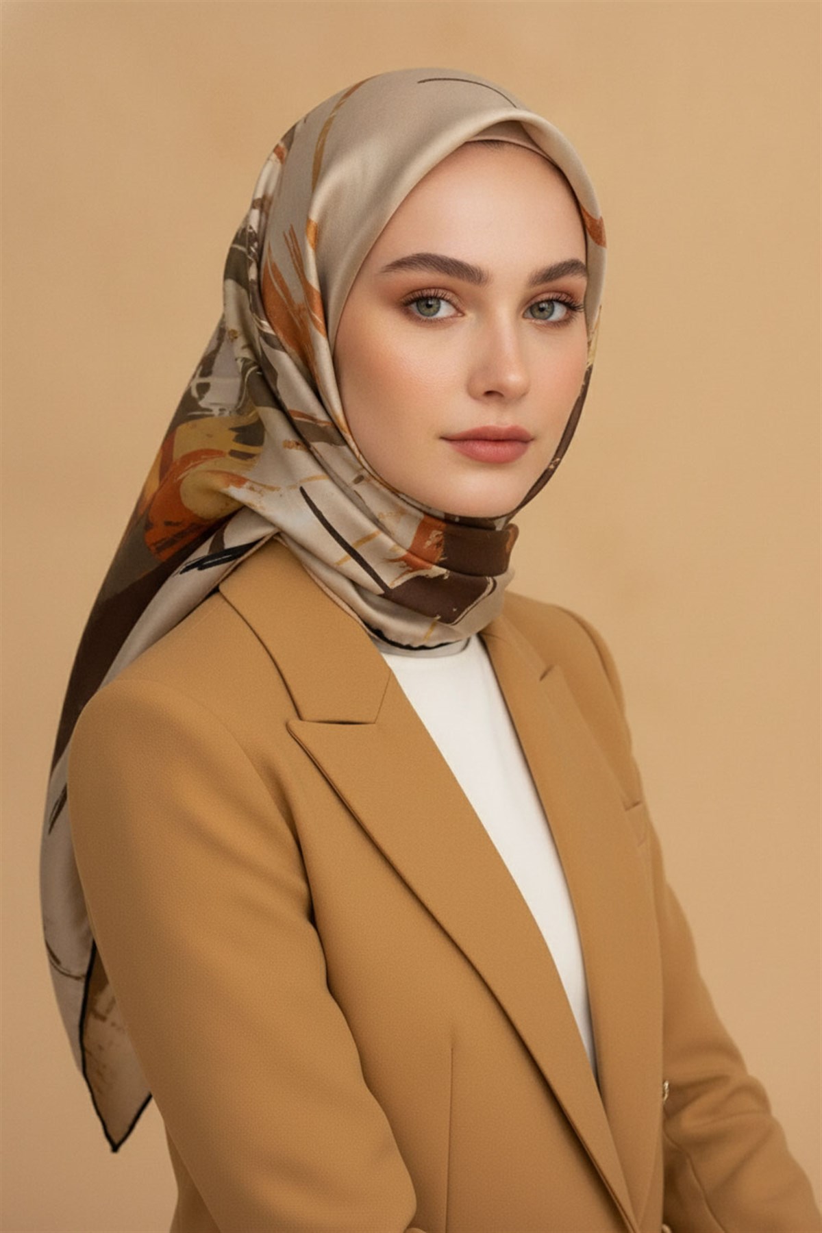 %100 Twill İpek Geometrik Desenli Bej - Taba Renkli 90x90 Eşarp Dikim Şekli : El Dikişi