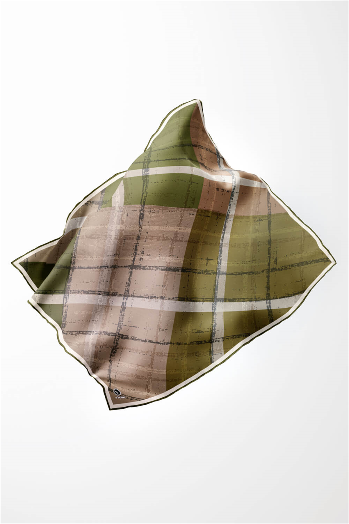 Twill Eskitme Desenli Haki Renkli 90x90 Eşarp (İpek İçermez) Kenar Dikiş Şekli El Dikişli