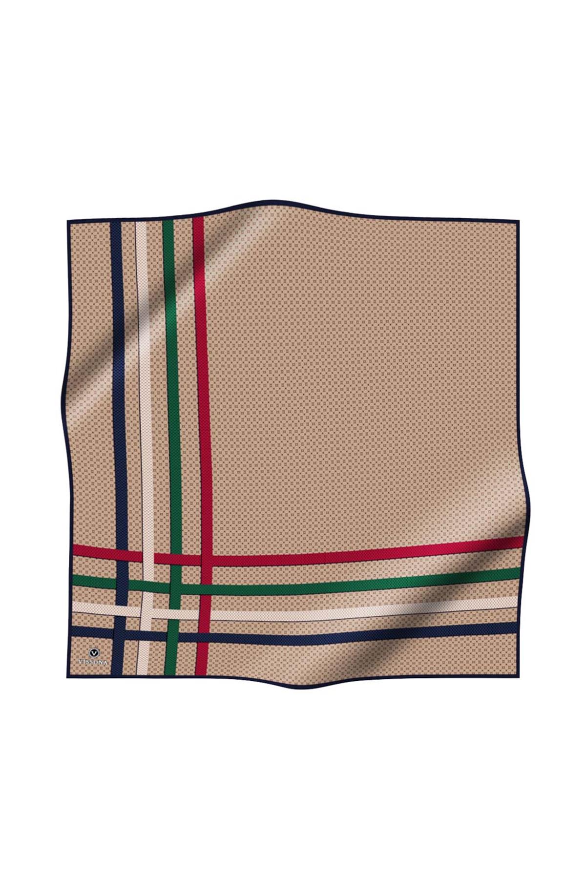 %100 Twill İpek Bantlı Monogram Desenli Bej - Lacivert Renkli 90x90 Eşarp Dikim Şekli : El Dikişi