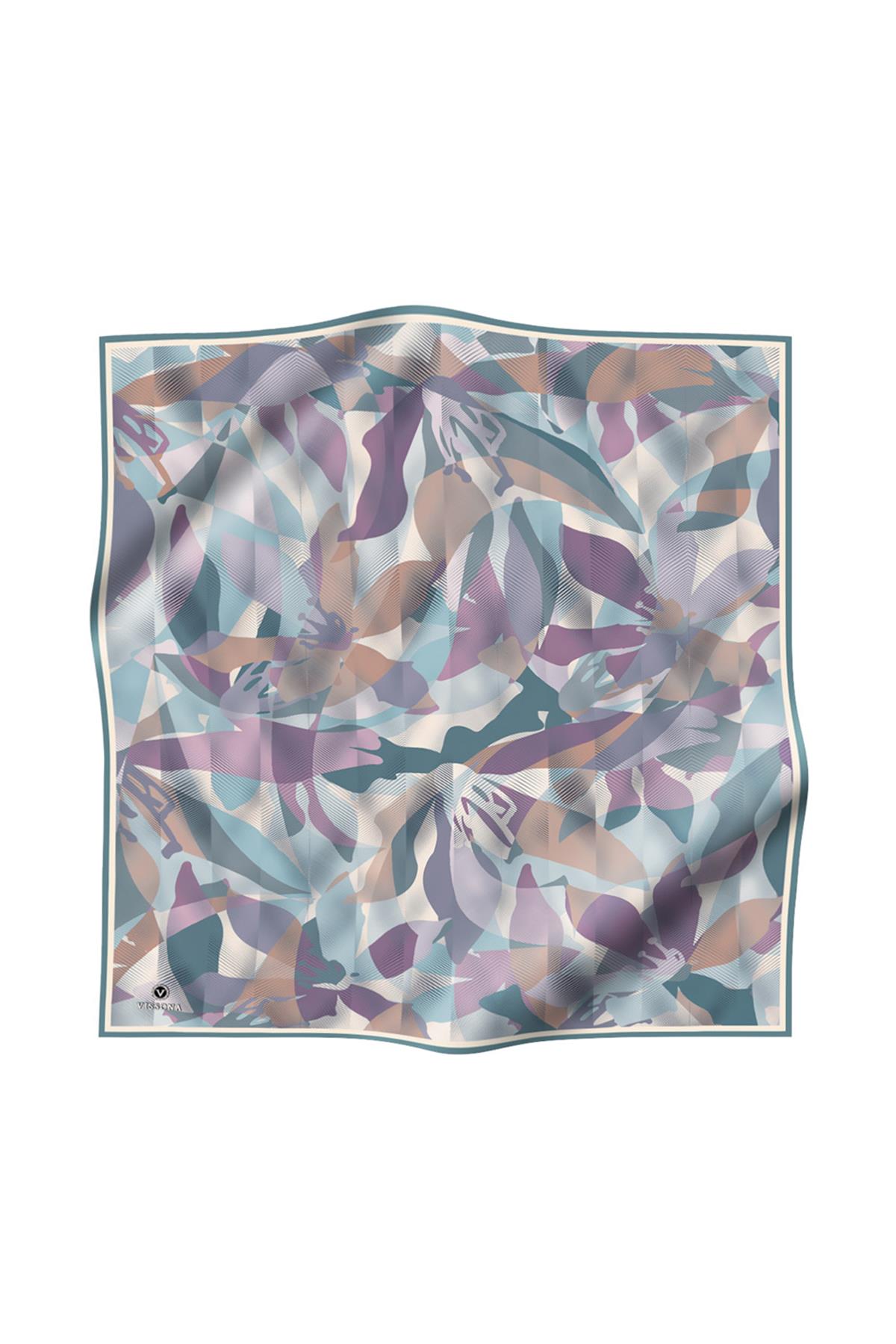 %100 Twill İpek Çiçek Desenli Mint Yeşili - Lila Renkli 90x90 Eşarp Dikim Şekli : El Dikişi