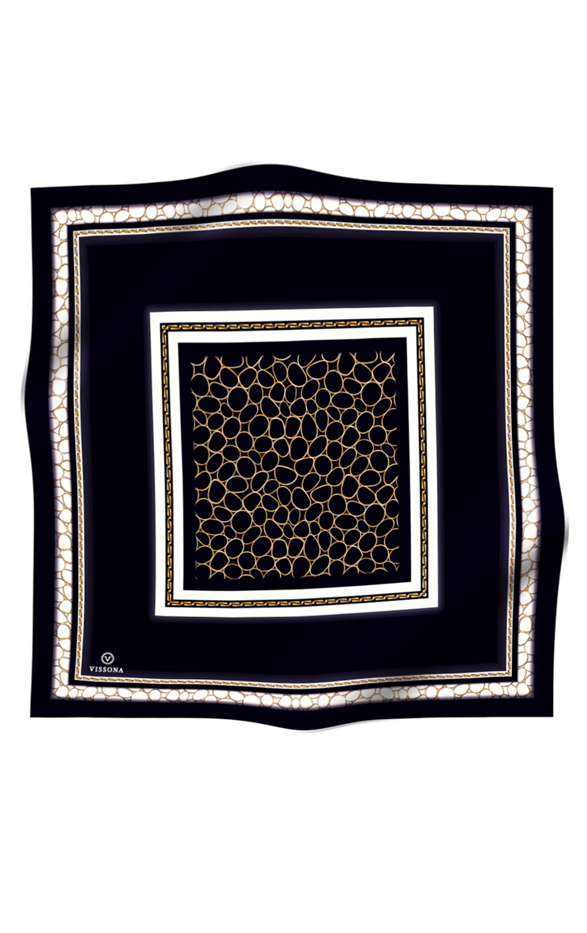 % 57 İPEK %43 VİSKON  Twill İpek Gold Halka Desenli Siyah - Krem Renkli 90x90 Eşarp Dikim Şekli : El Dikişi
