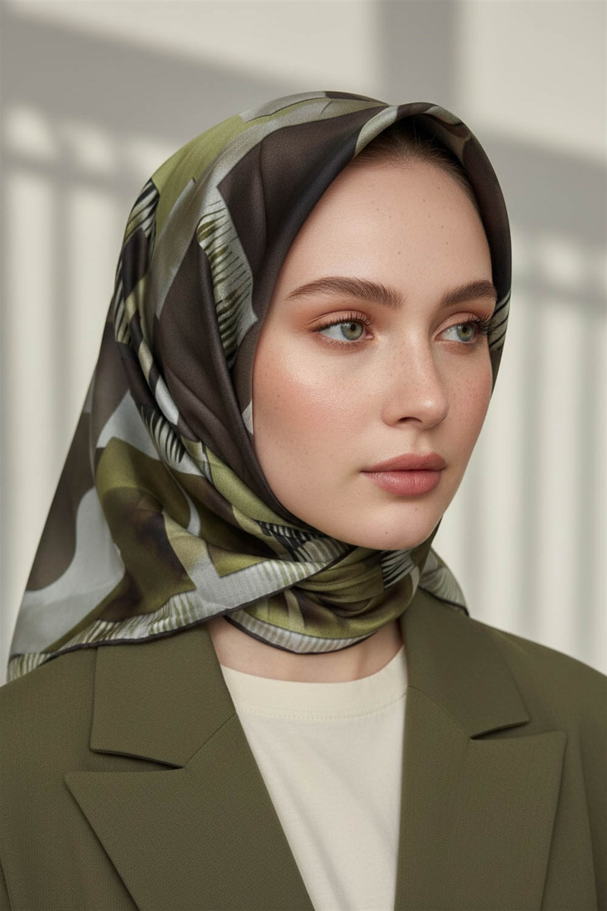 %100 Twill İpek Geometrik Desenli Yağ Yeşili - Sütlü Kahve Renkli 90x90 Eşarp Dikim Şekli : El Dikişi