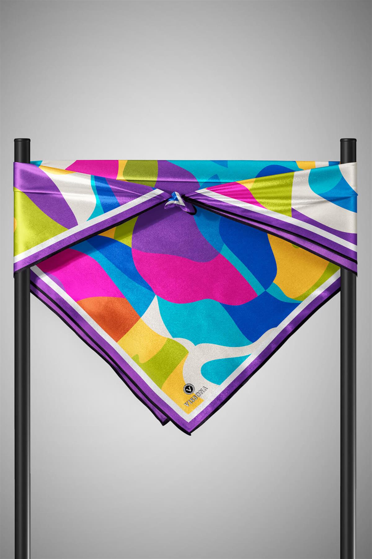 %100 Twill İpek Geometrik Desenli Mor - Saks Renkli 90x90 Eşarp Dikim Şekli : El Dikişi