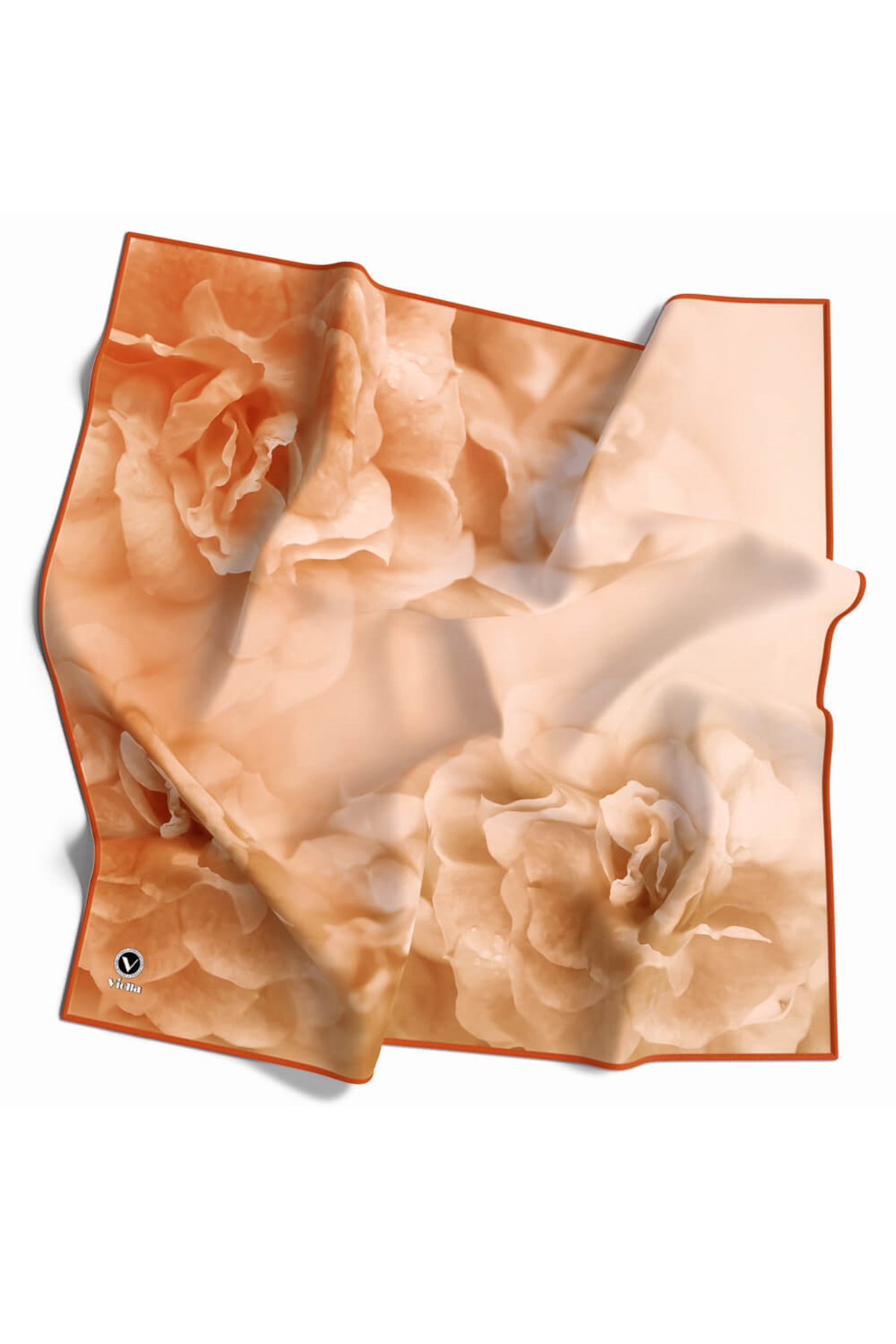 Rayon Büyük Çiçek Desenli Turuncu Renkli 90x90 Eşarp (İpek İçermez) Kenar Dikiş Şekli El Dikişli