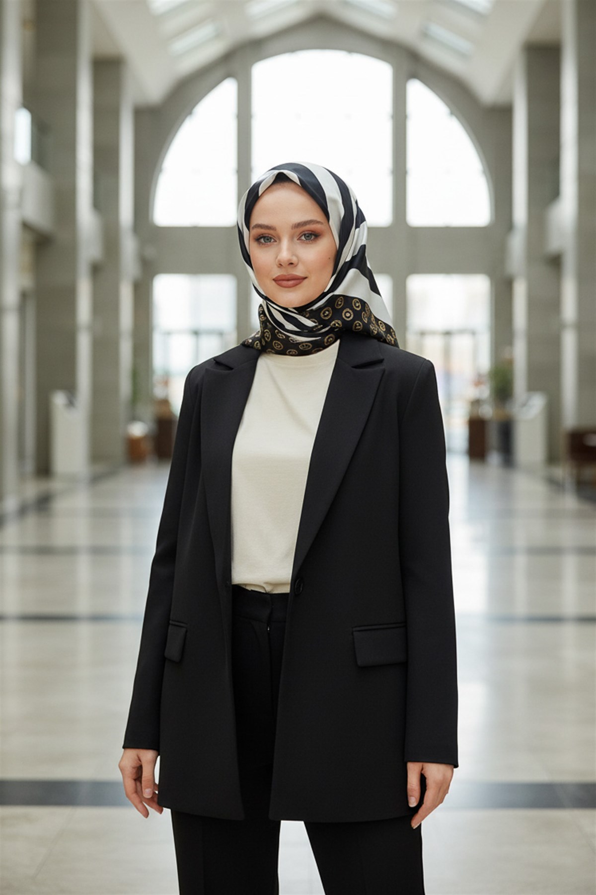 %100 Twill İpek Monogram Şerit Desenli Siyah - Krem Renkli 90x90 Eşarp Dikim Şekli : El Dikişi